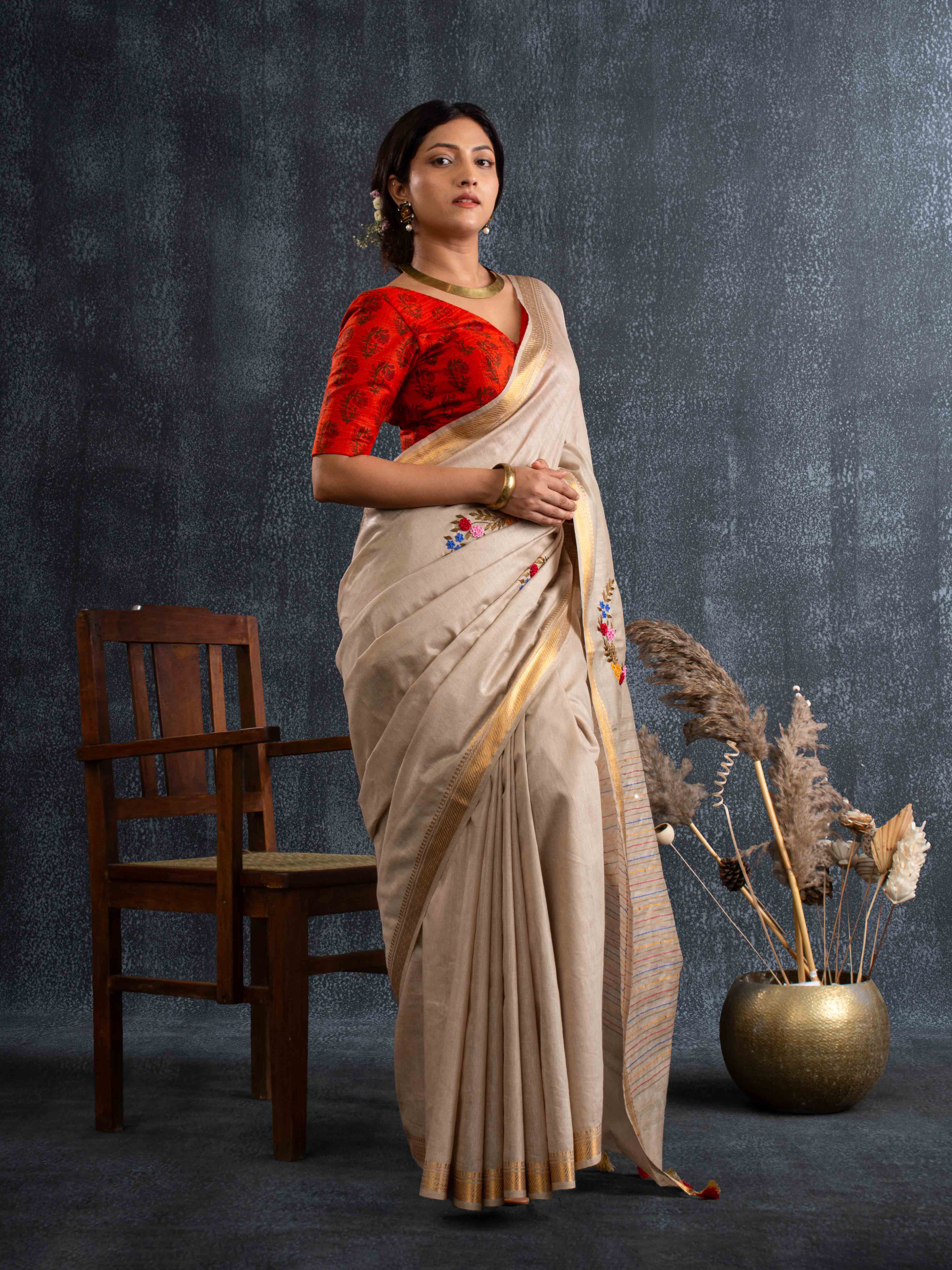 Velvety Linen Silk Saree in Beige with Floral Embroidery