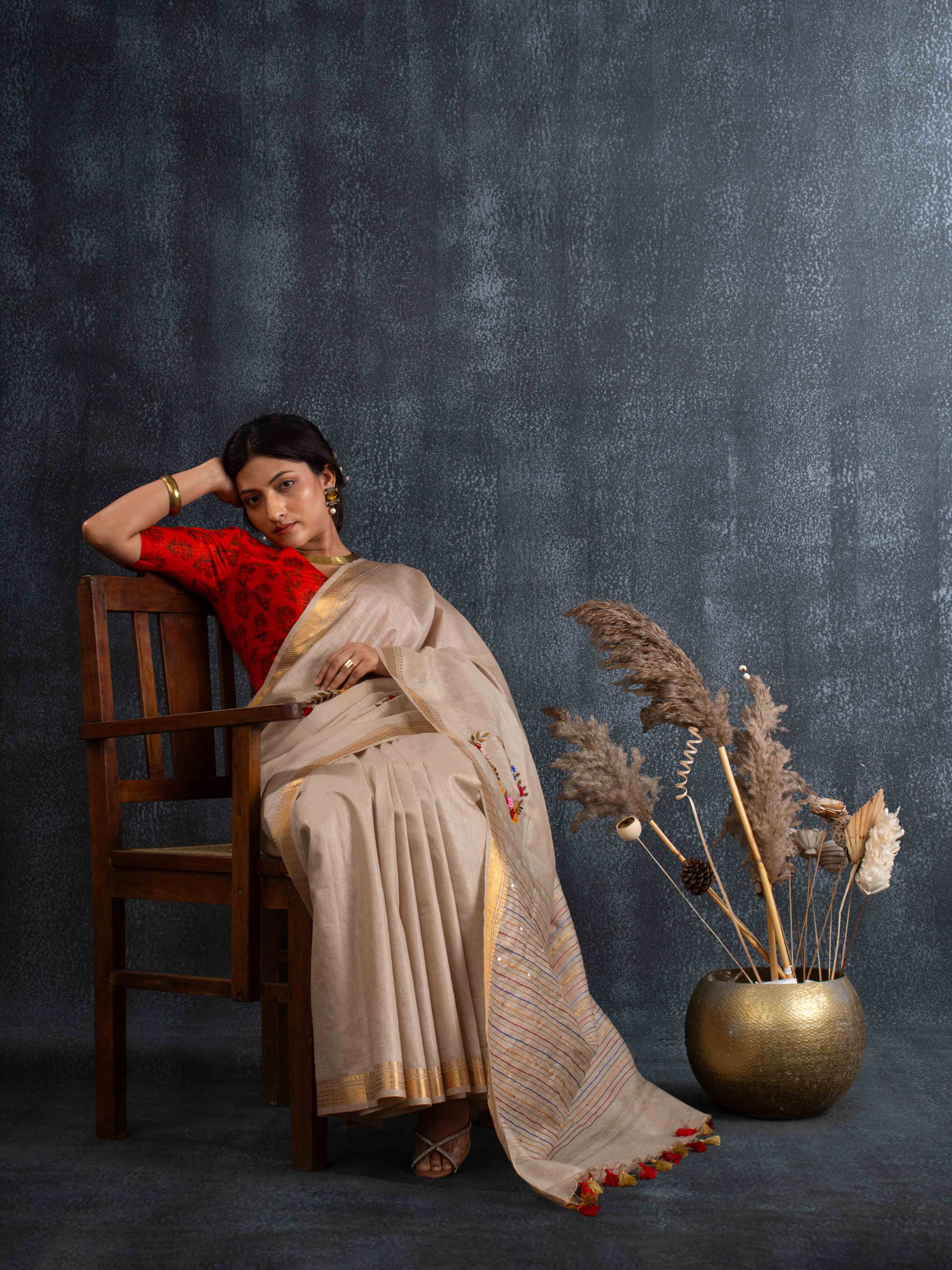 Velvety Linen Silk Saree in Beige with Floral Embroidery