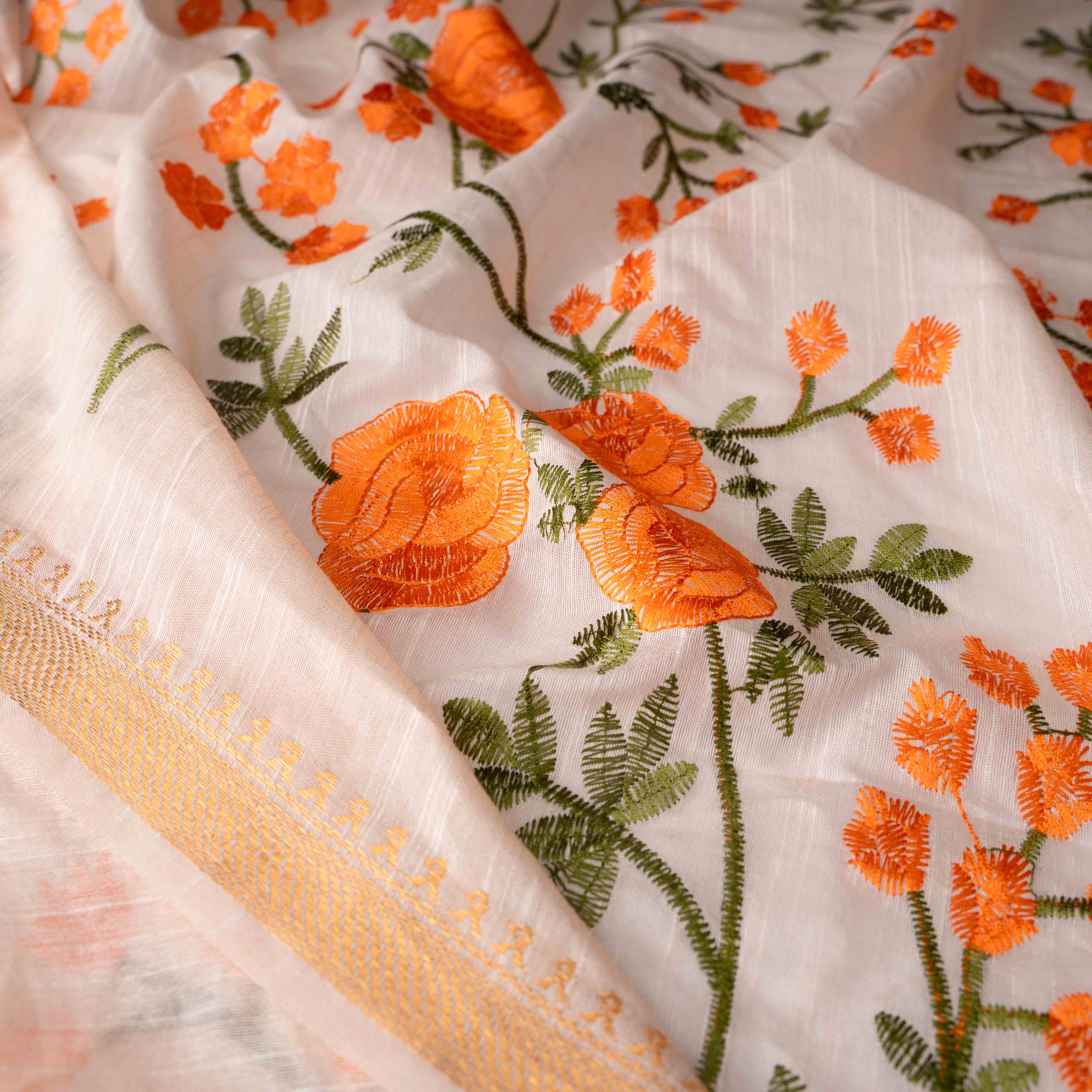 Handwoven Plush Silk Linen Embroidered Saree in Beige
