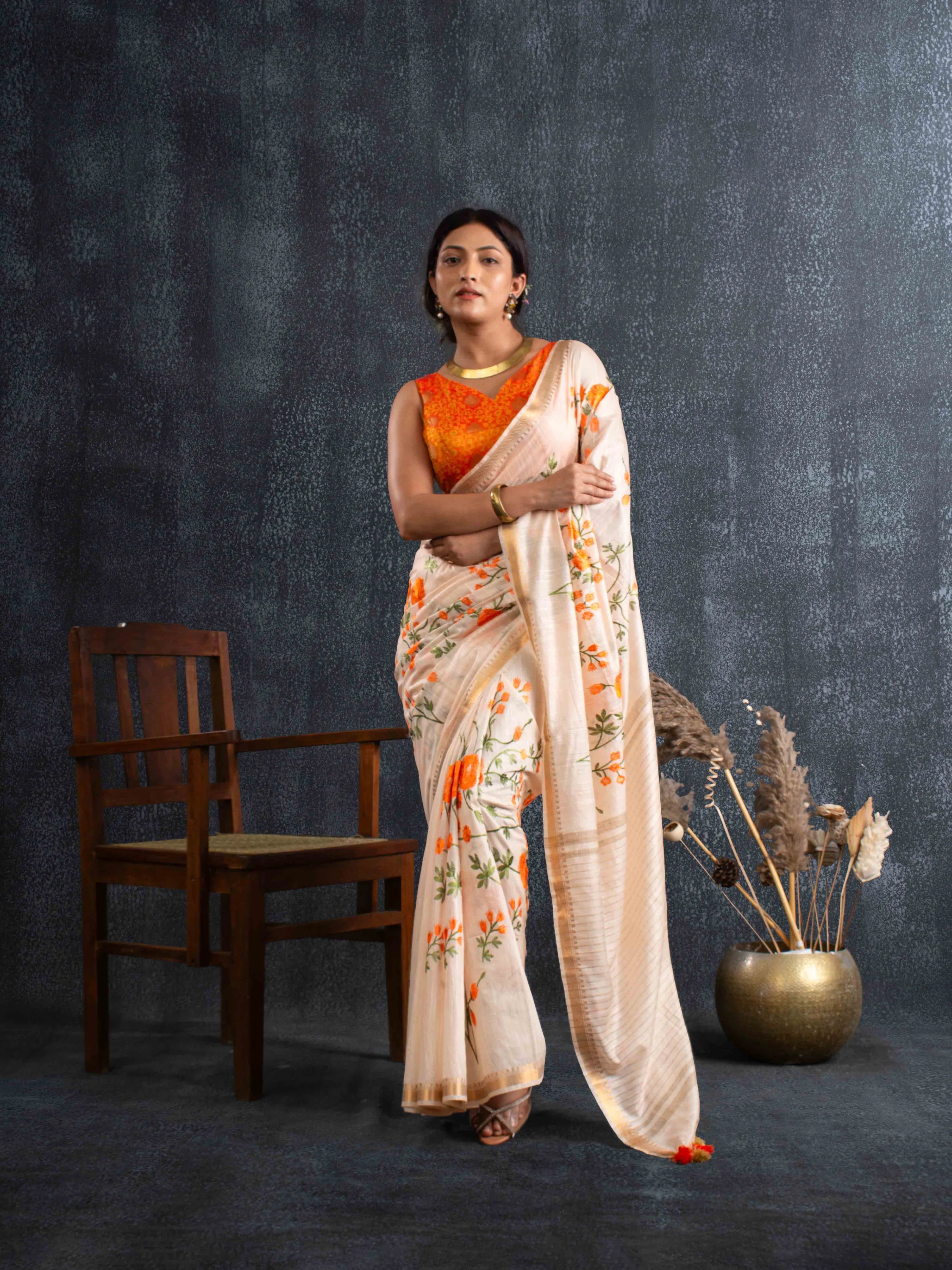 Handwoven Plush Silk Linen Embroidered Saree in Beige