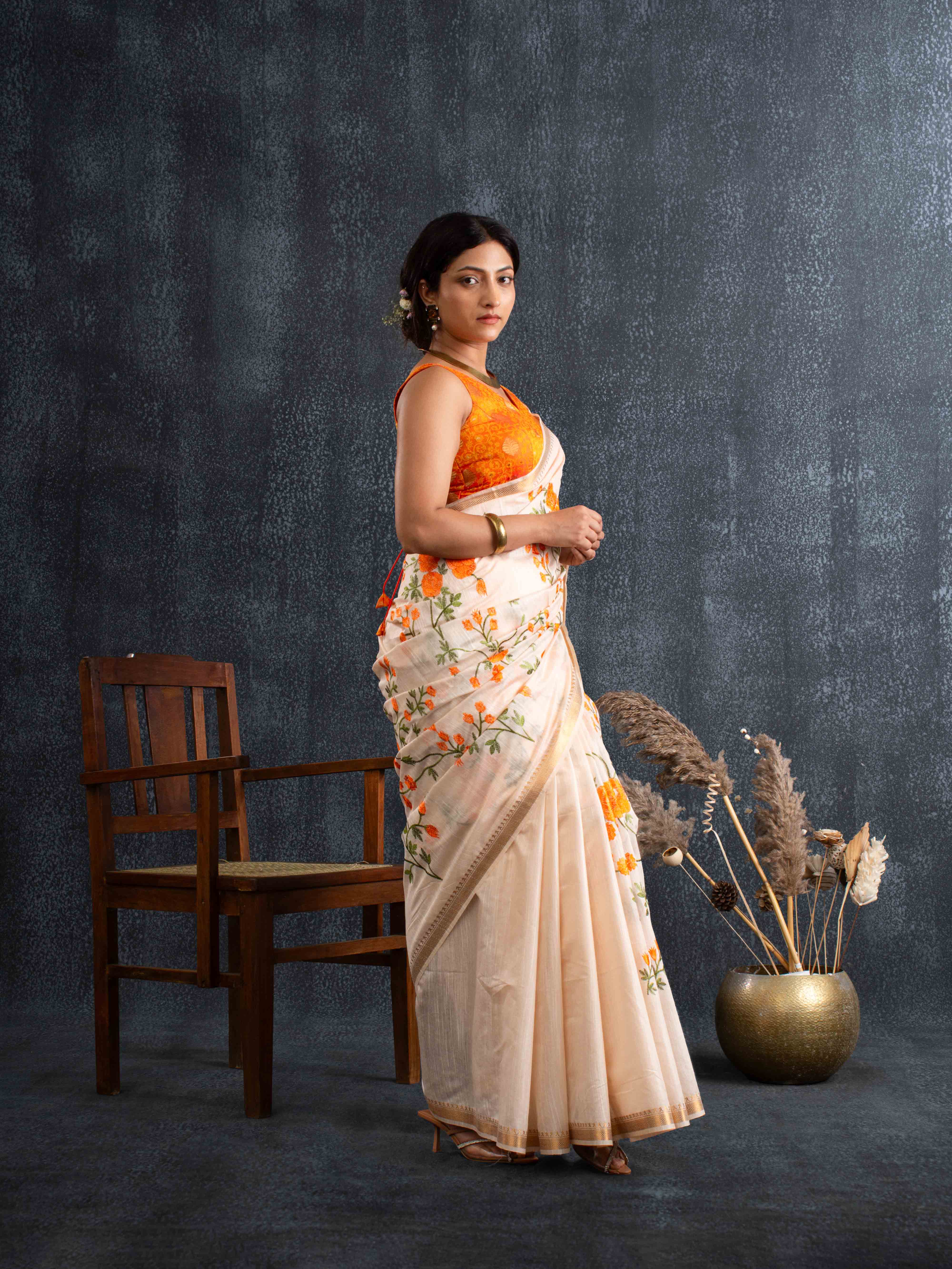 Handwoven Plush Silk Linen Embroidered Saree in Beige