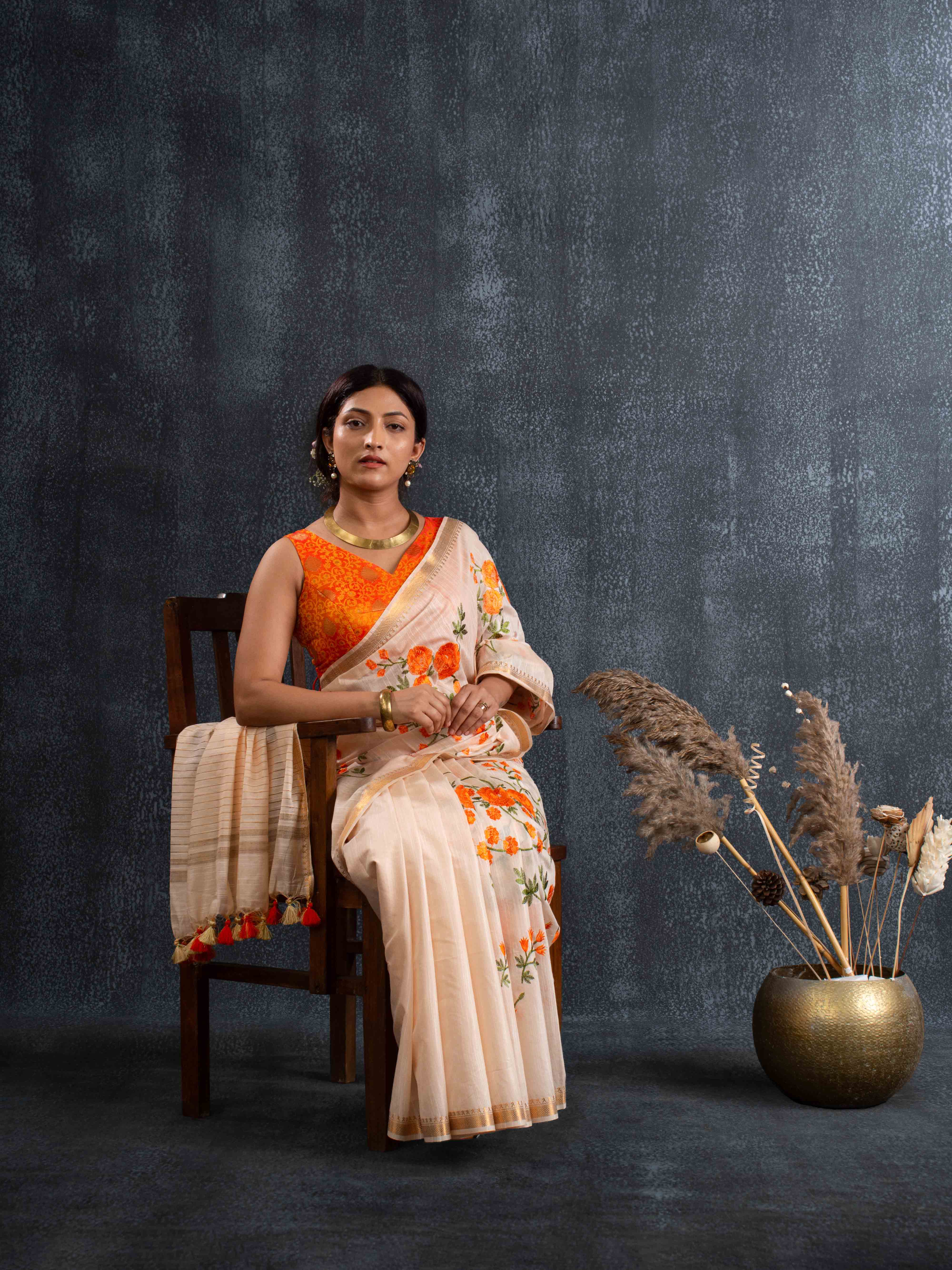 Handwoven Plush Silk Linen Embroidered Saree in Beige