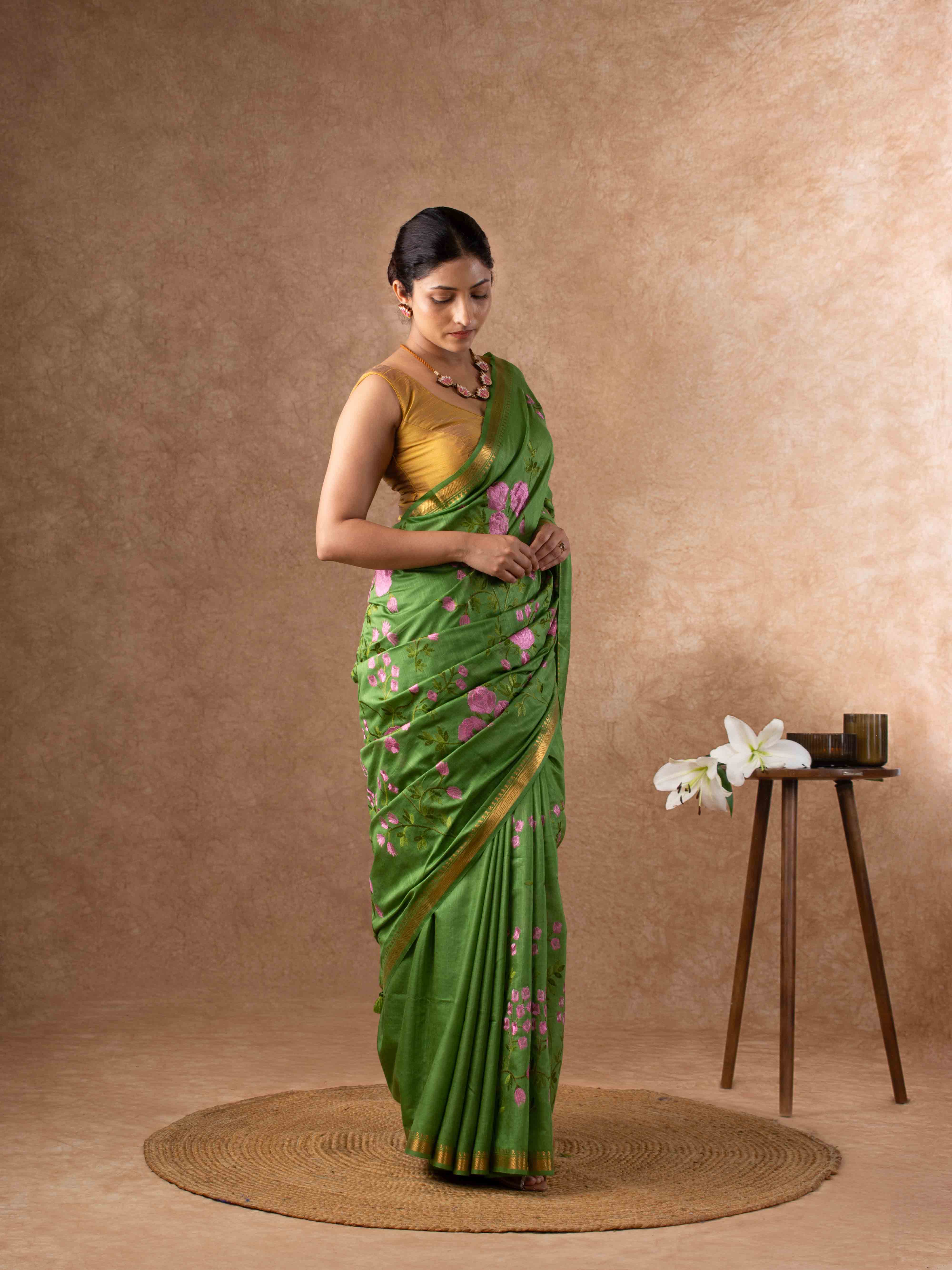 Handwoven Plush Silk Linen Embroidered Saree in Olive Green