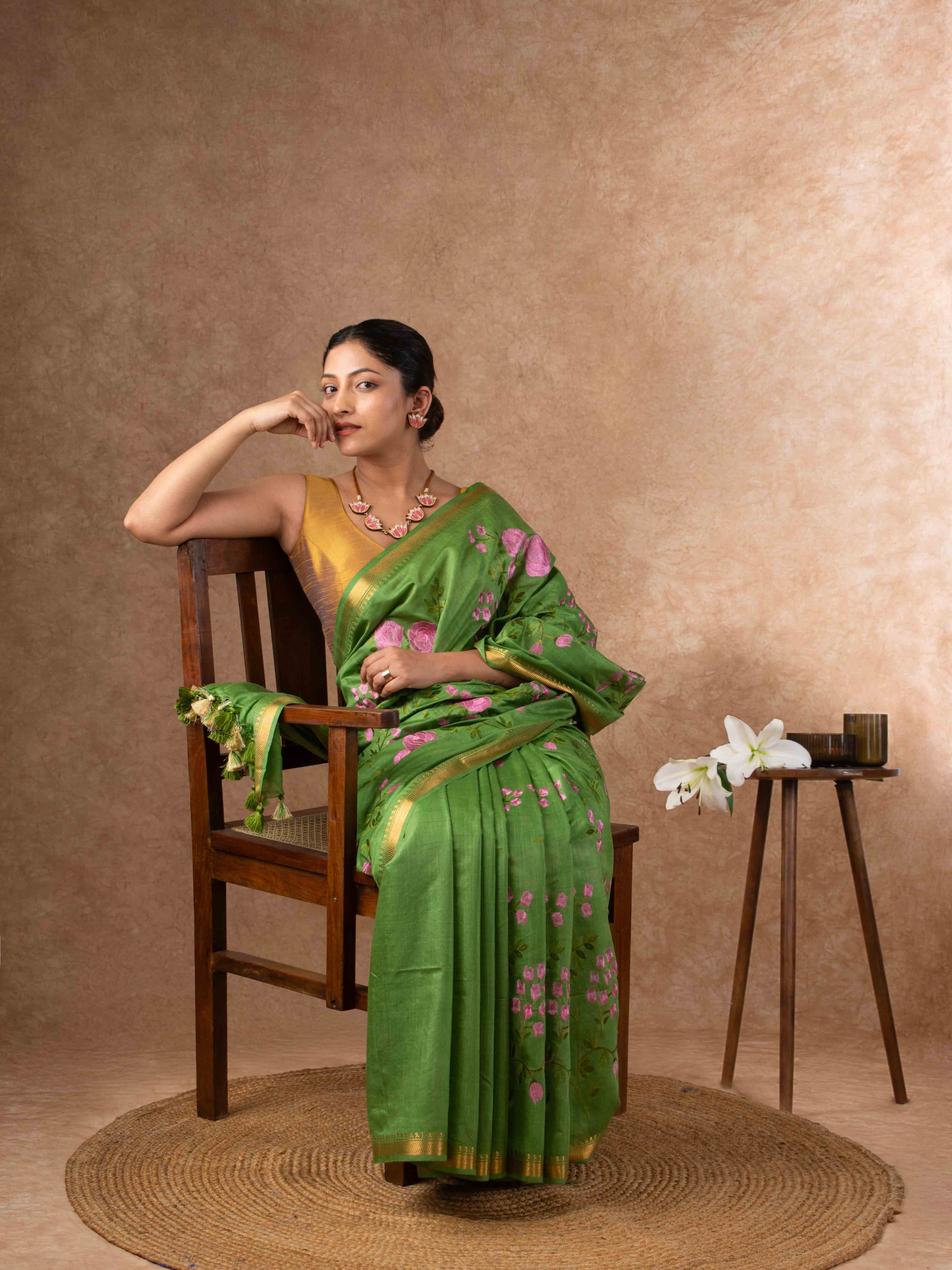 Handwoven Plush Silk Linen Embroidered Saree in Olive Green