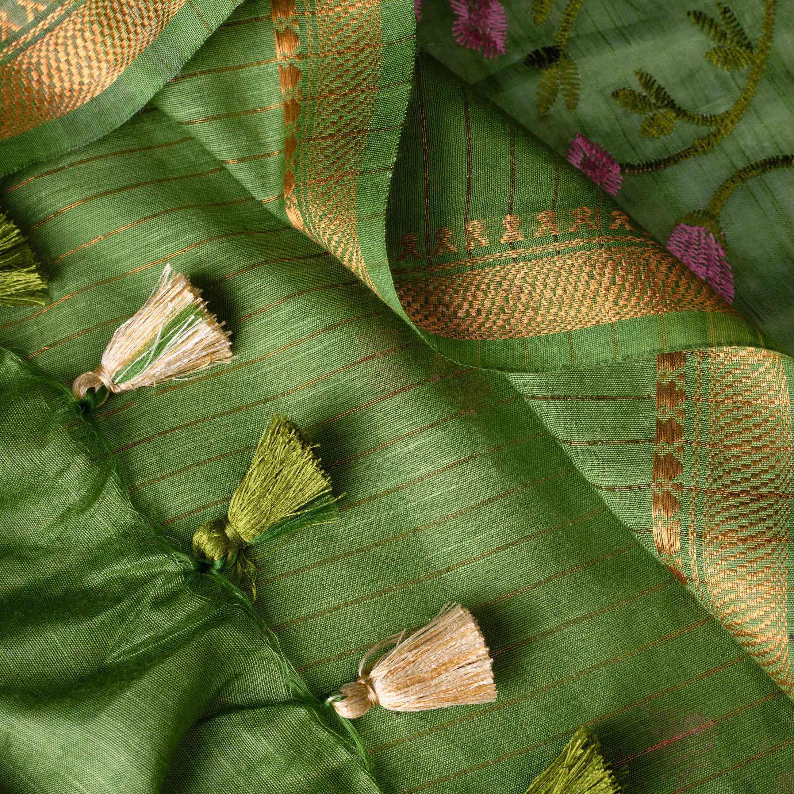 Handwoven Plush Silk Linen Embroidered Saree in Olive Green