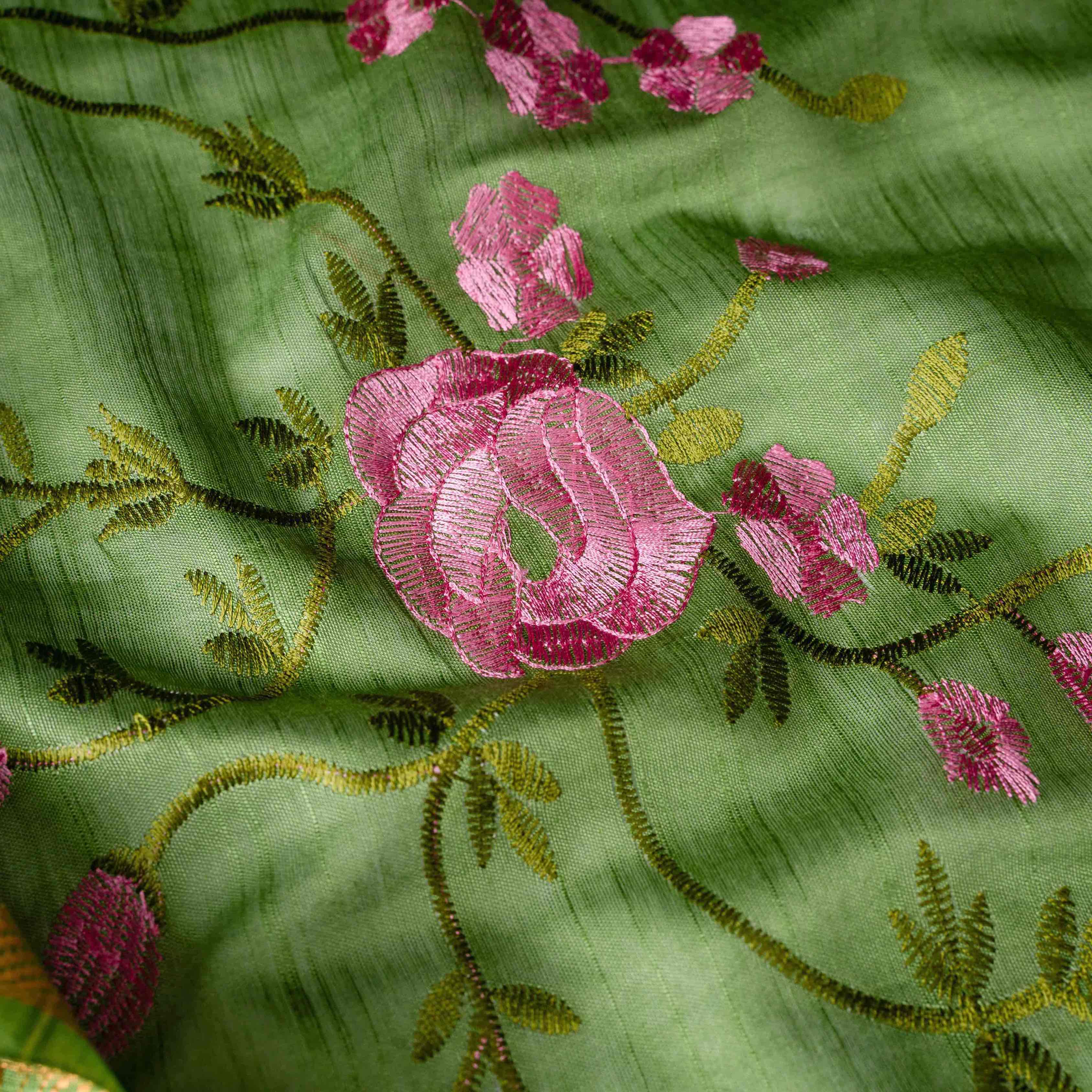 Handwoven Plush Silk Linen Embroidered Saree in Olive Green