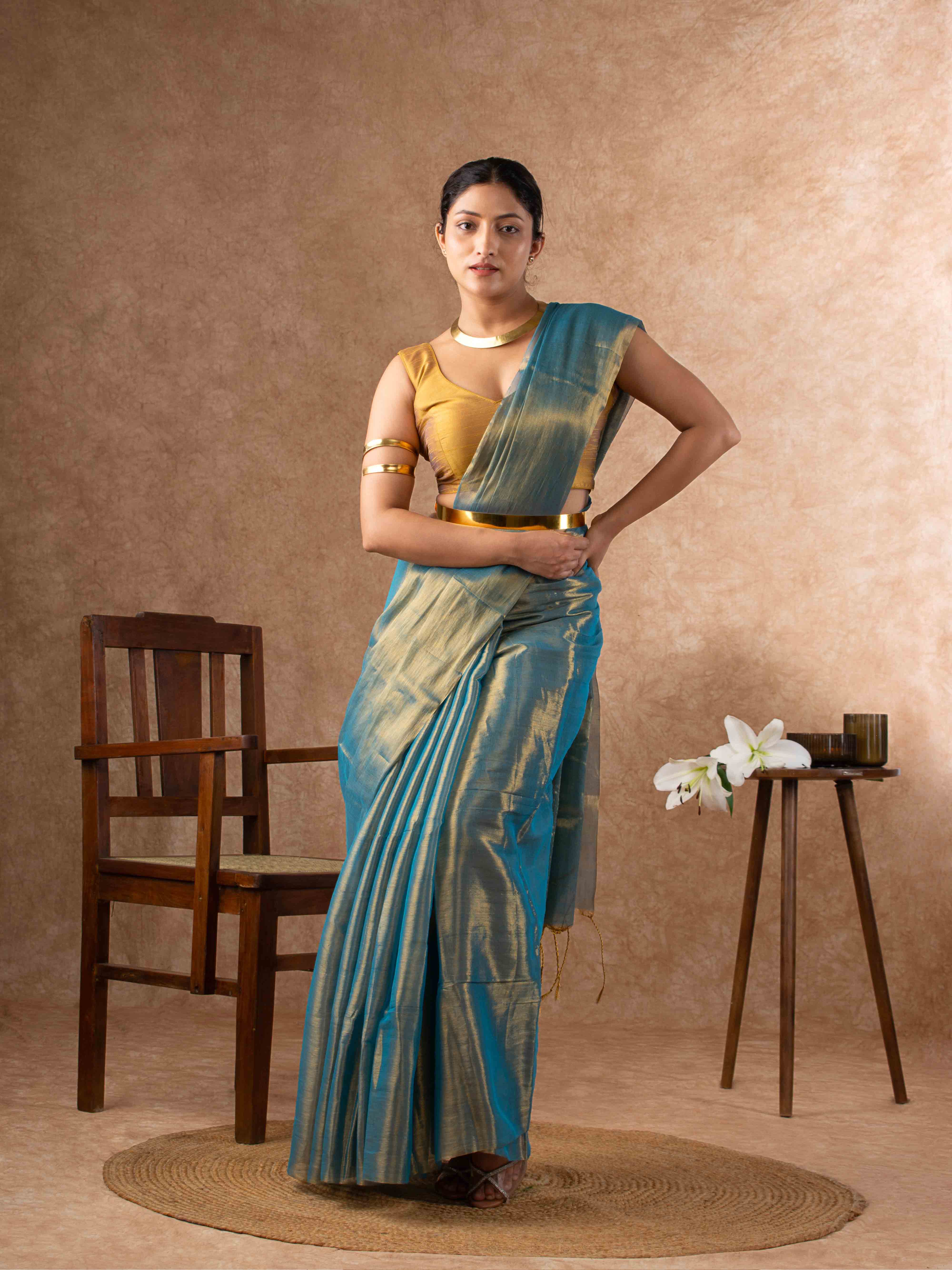 Airy Organic Tissue Silk Saree in Turquoise Green
