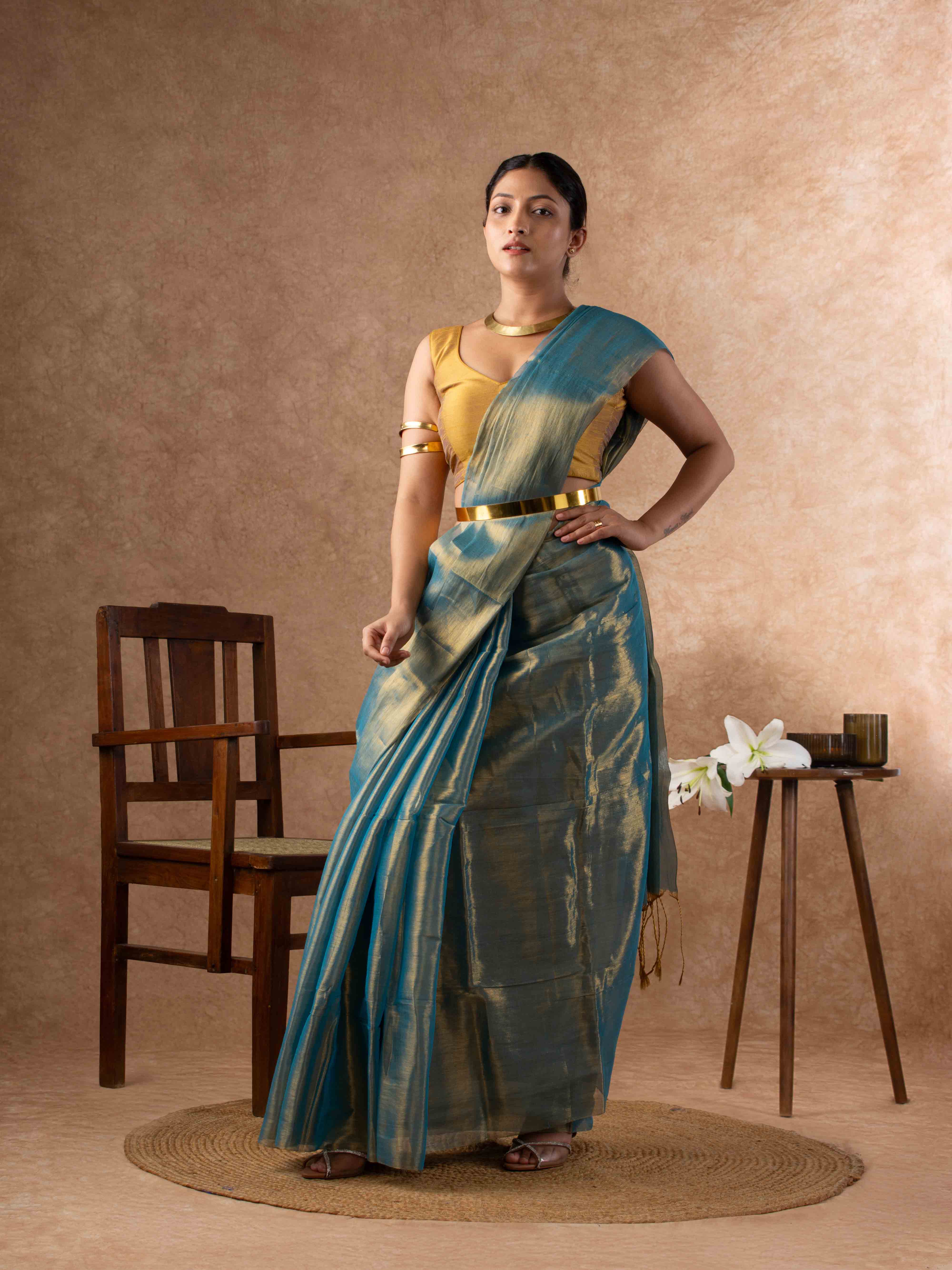 Airy Organic Tissue Silk Saree in Turquoise Green