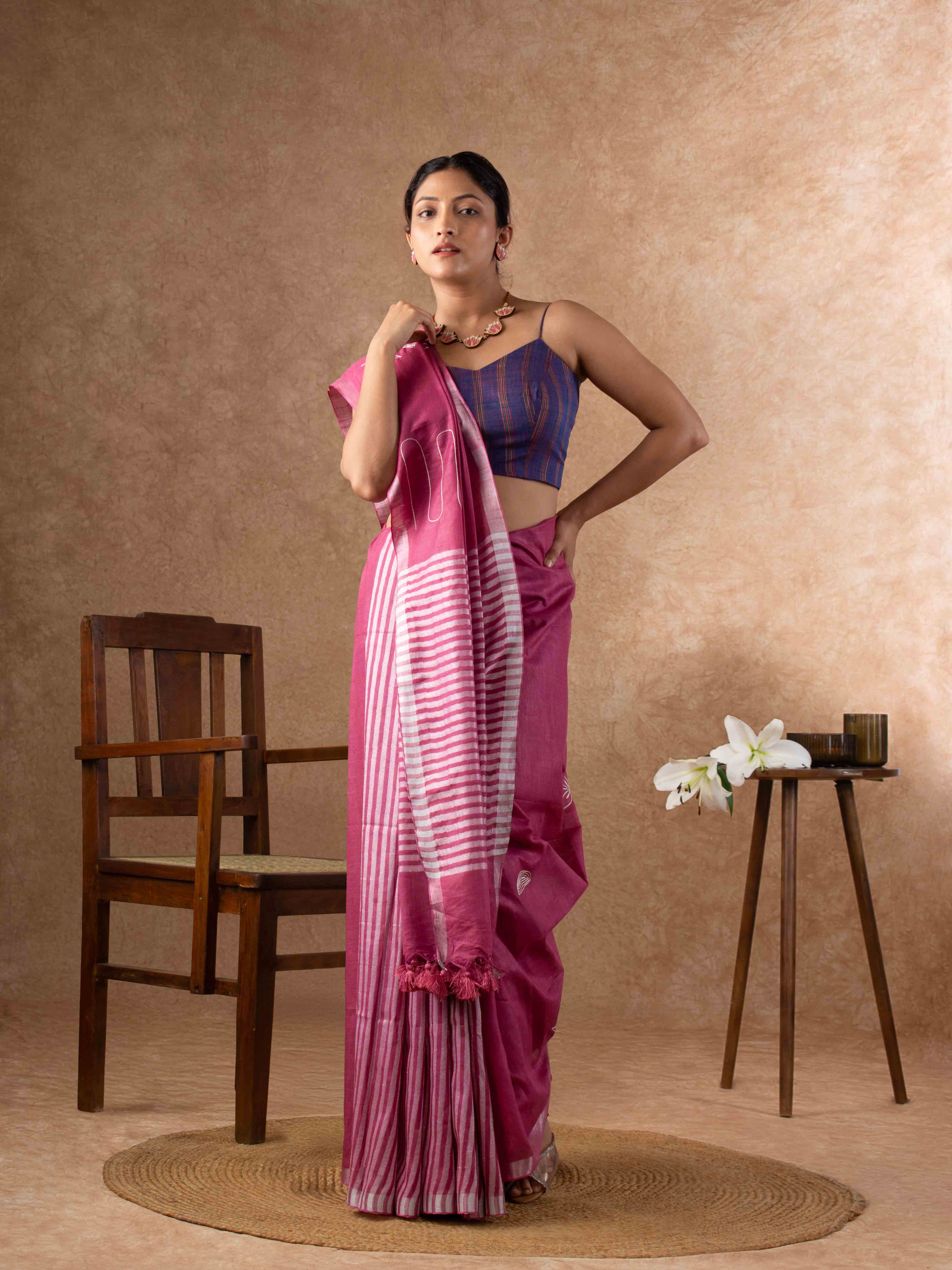 Whisper-light Linen Embroidered Saree with Stripes in Mauve Pink