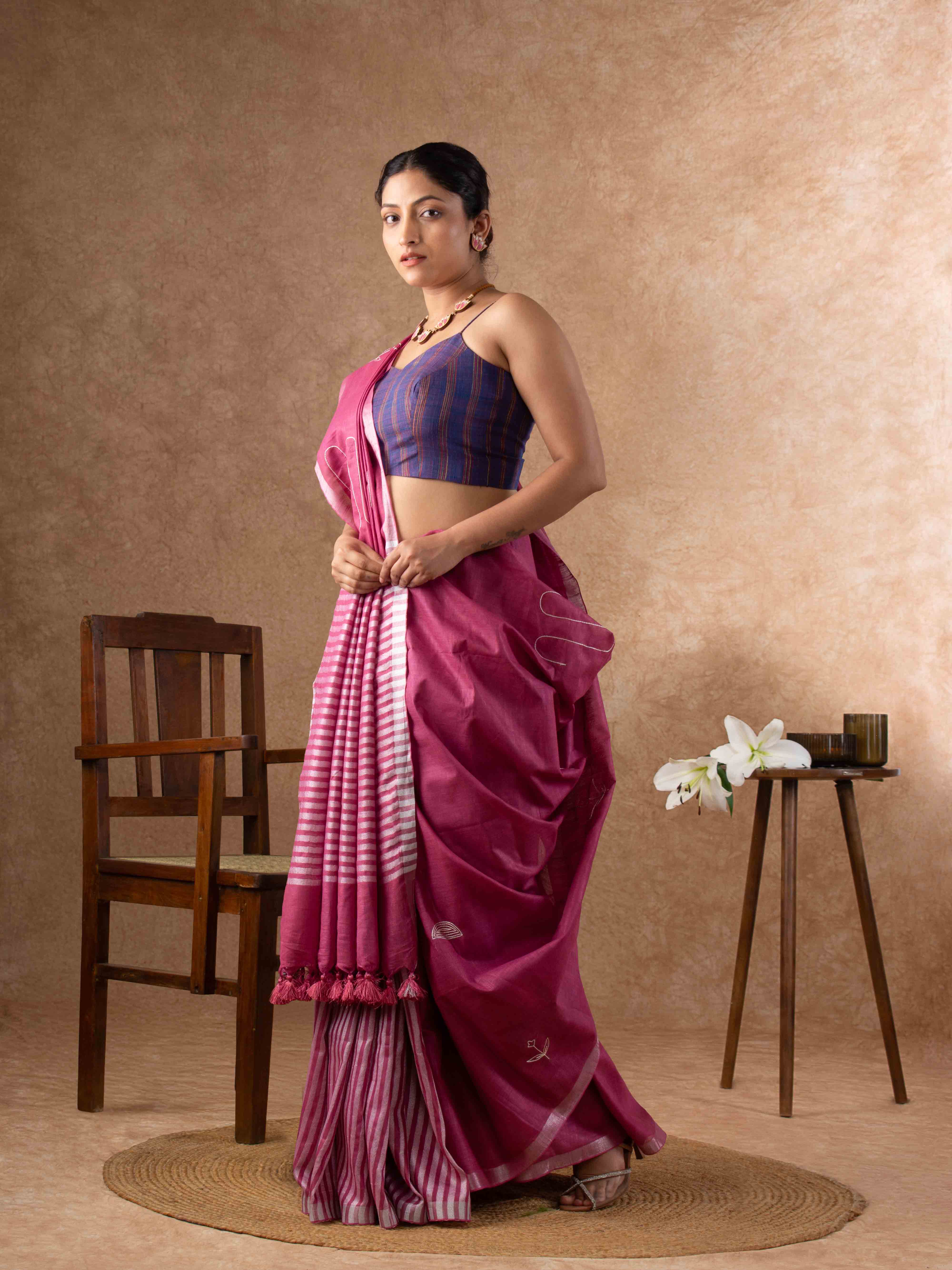 Whisper-light Linen Embroidered Saree with Stripes in Mauve Pink
