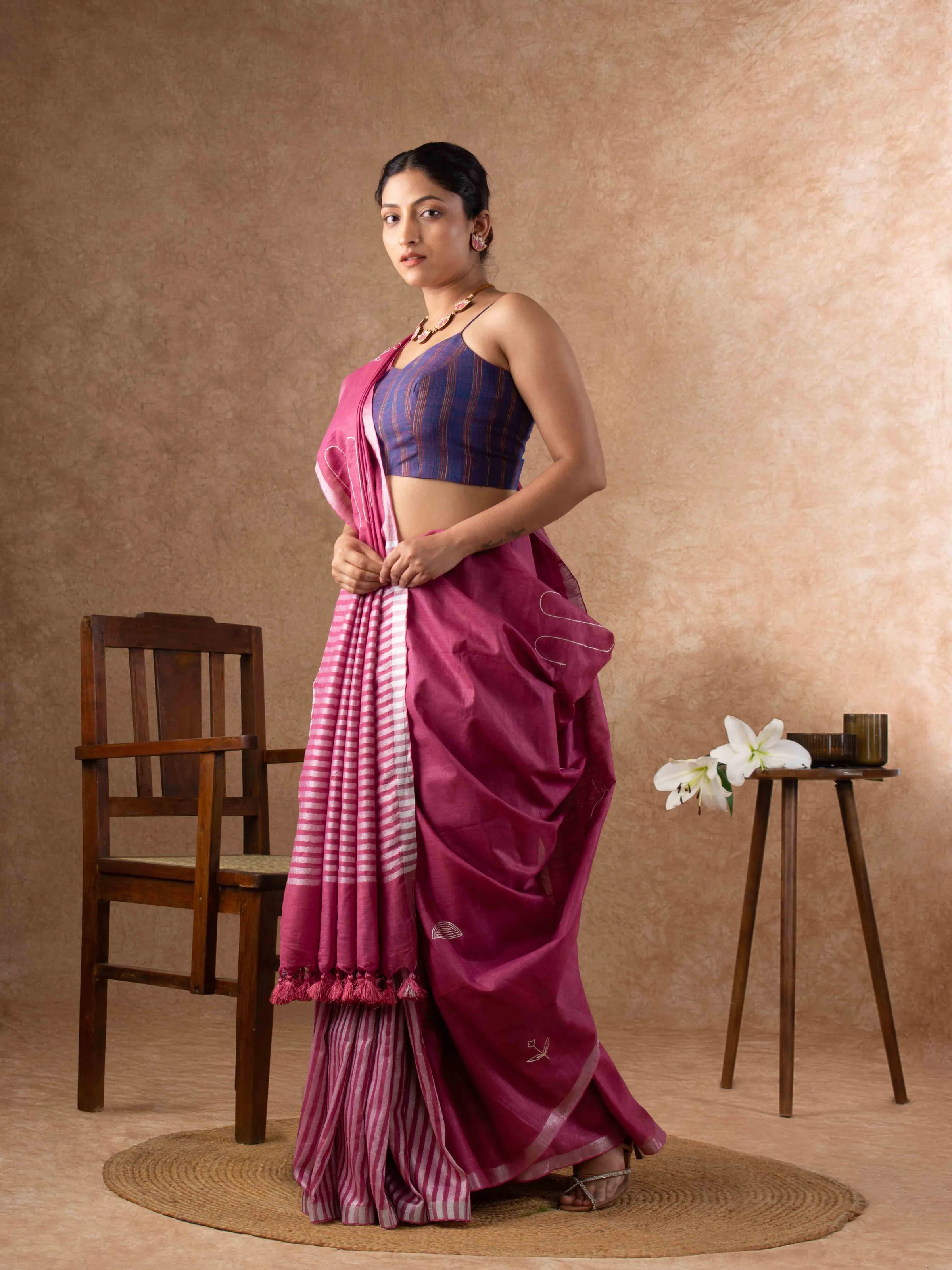 Whisper-light Linen Embroidered Saree with Stripes in Mauve Pink