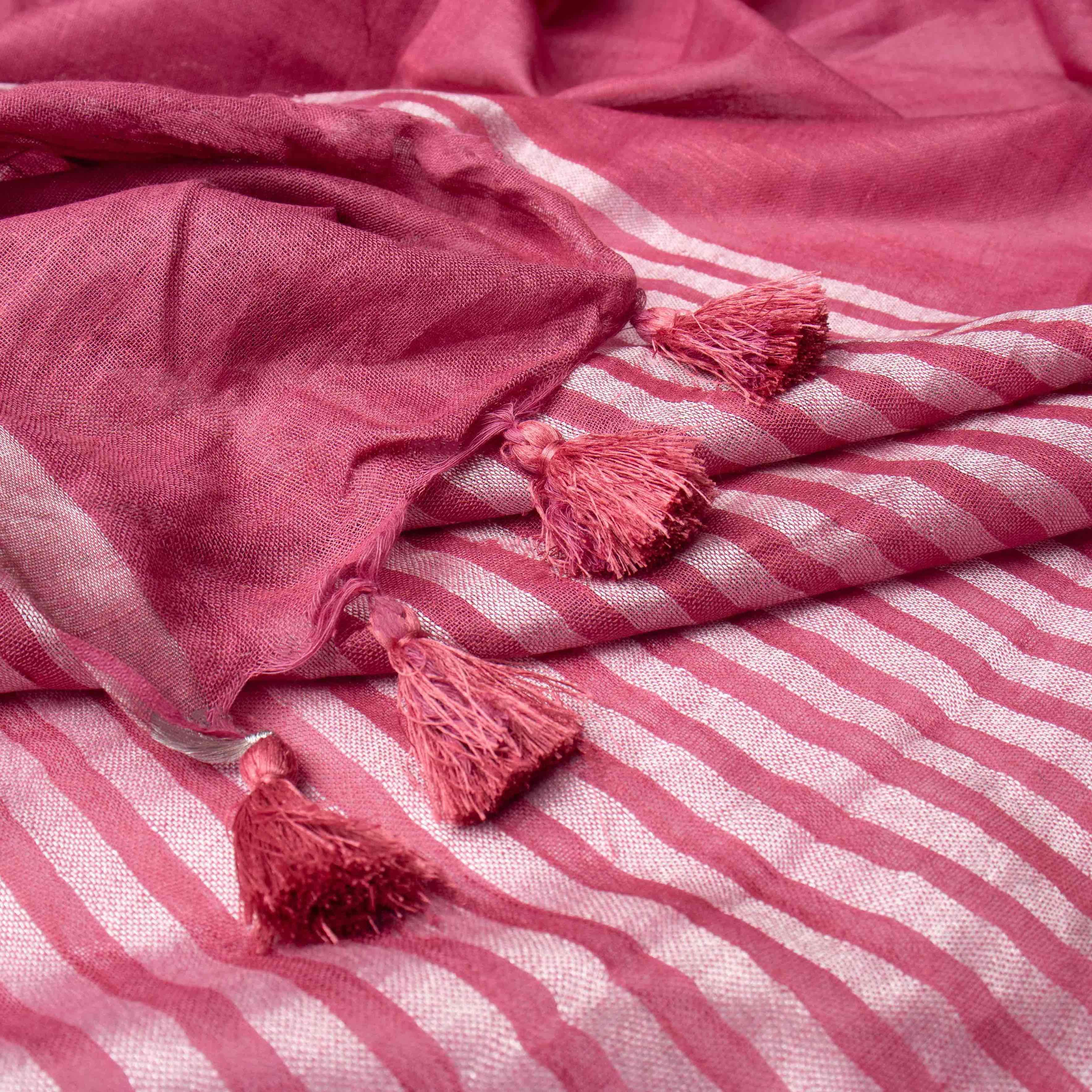 Whisper-light Linen Embroidered Saree with Stripes in Mauve Pink