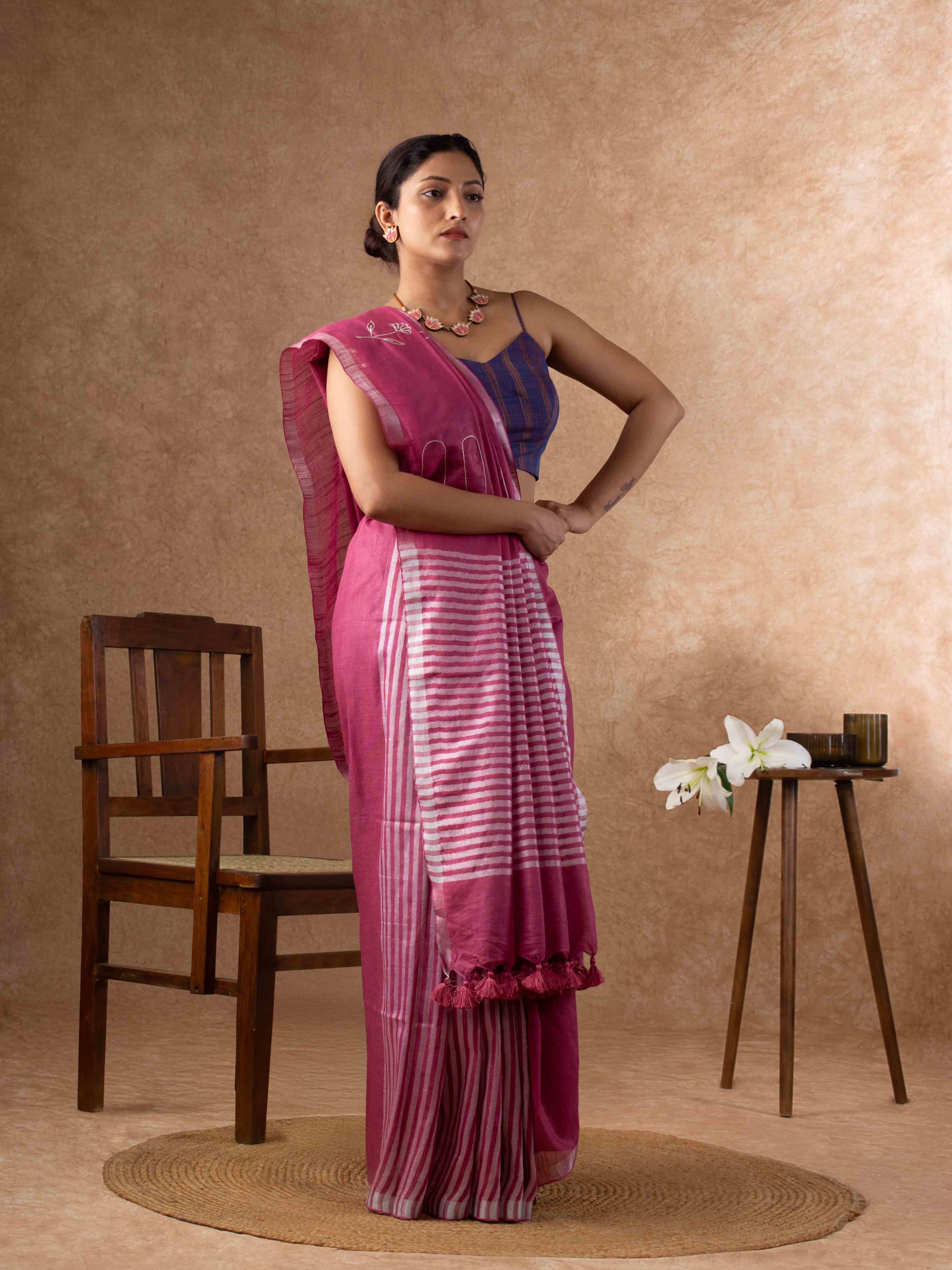 Whisper-light Linen Embroidered Saree with Stripes in Mauve Pink