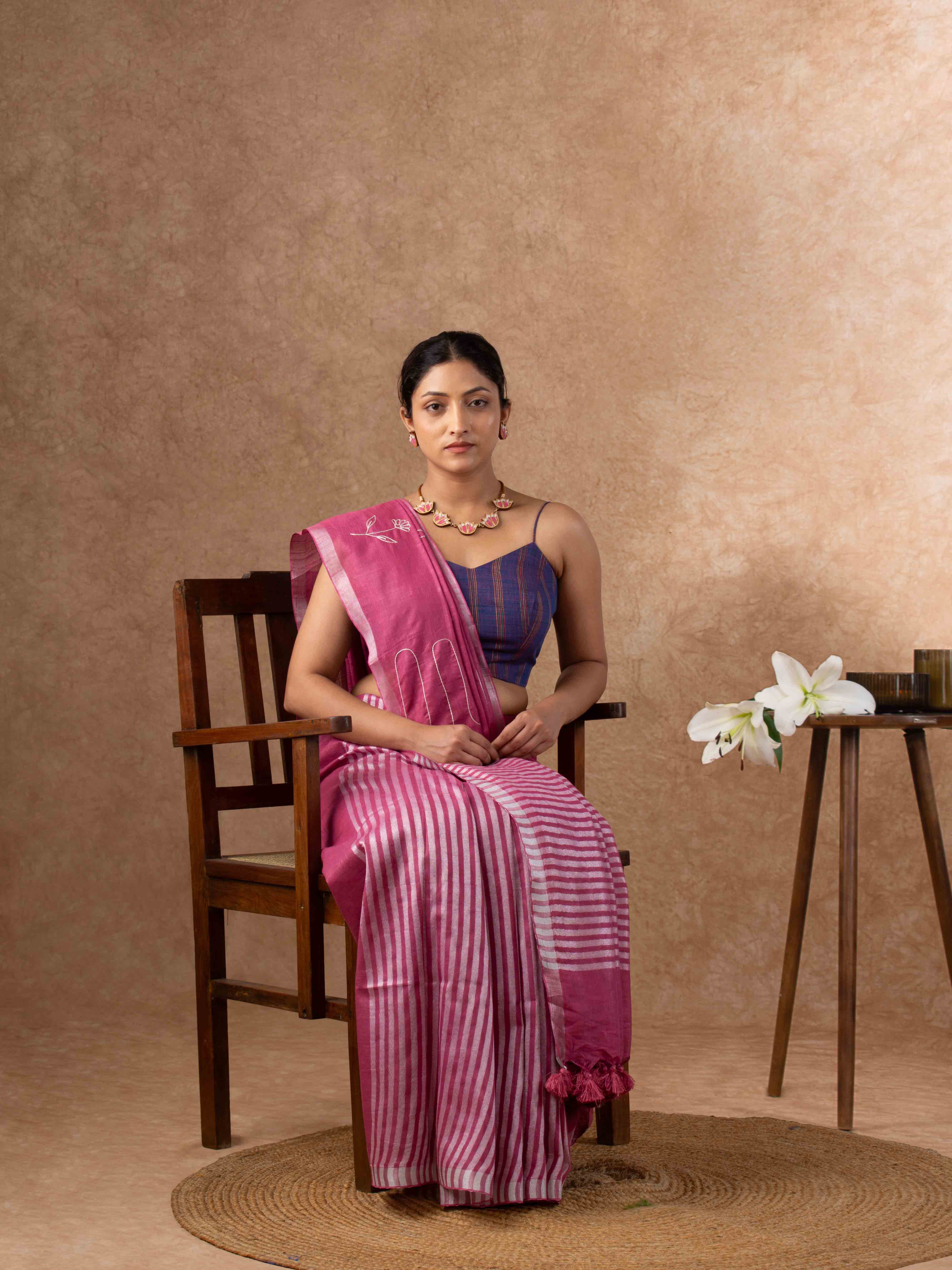 Whisper-light Linen Embroidered Saree with Stripes in Mauve Pink
