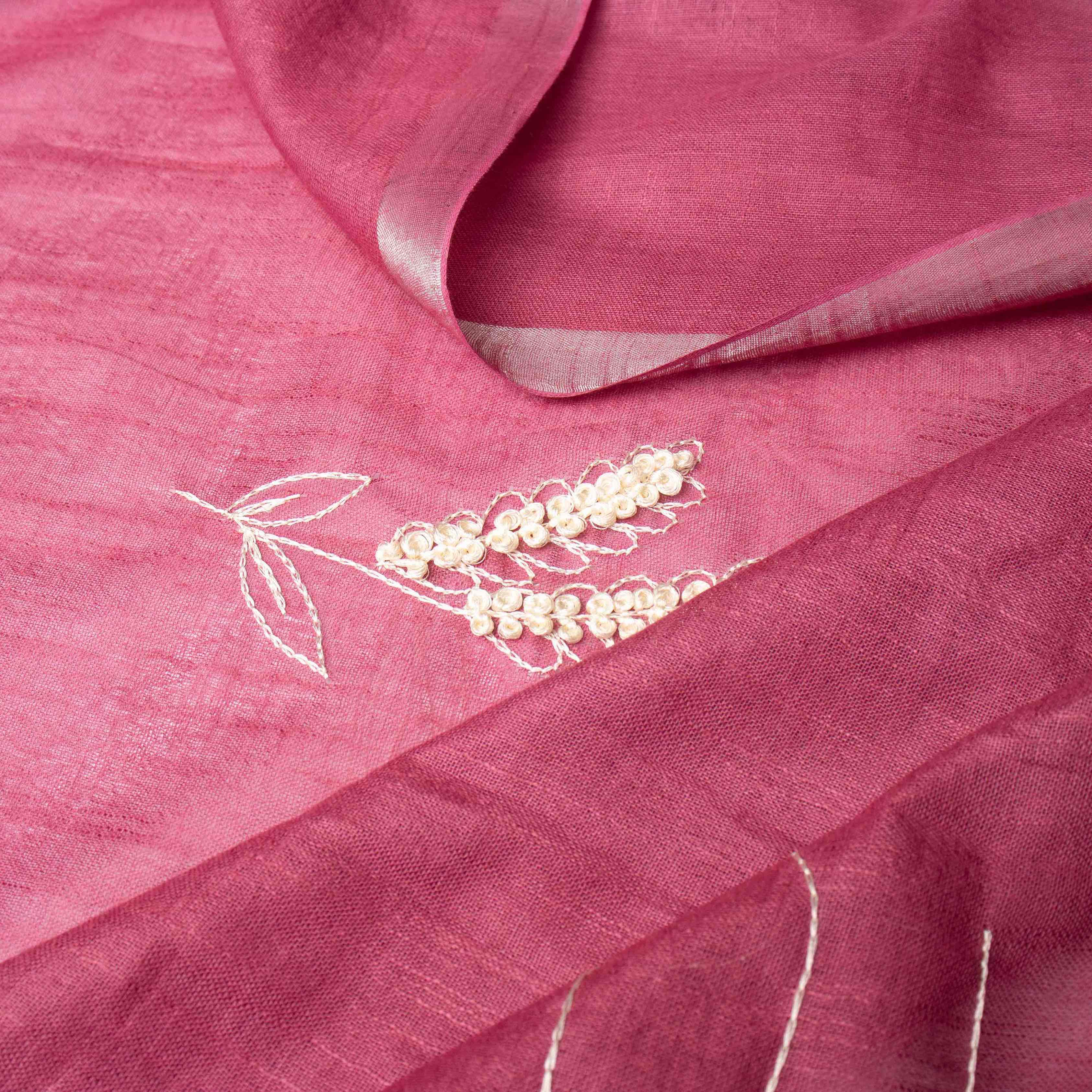 Whisper-light Linen Embroidered Saree with Stripes in Mauve Pink