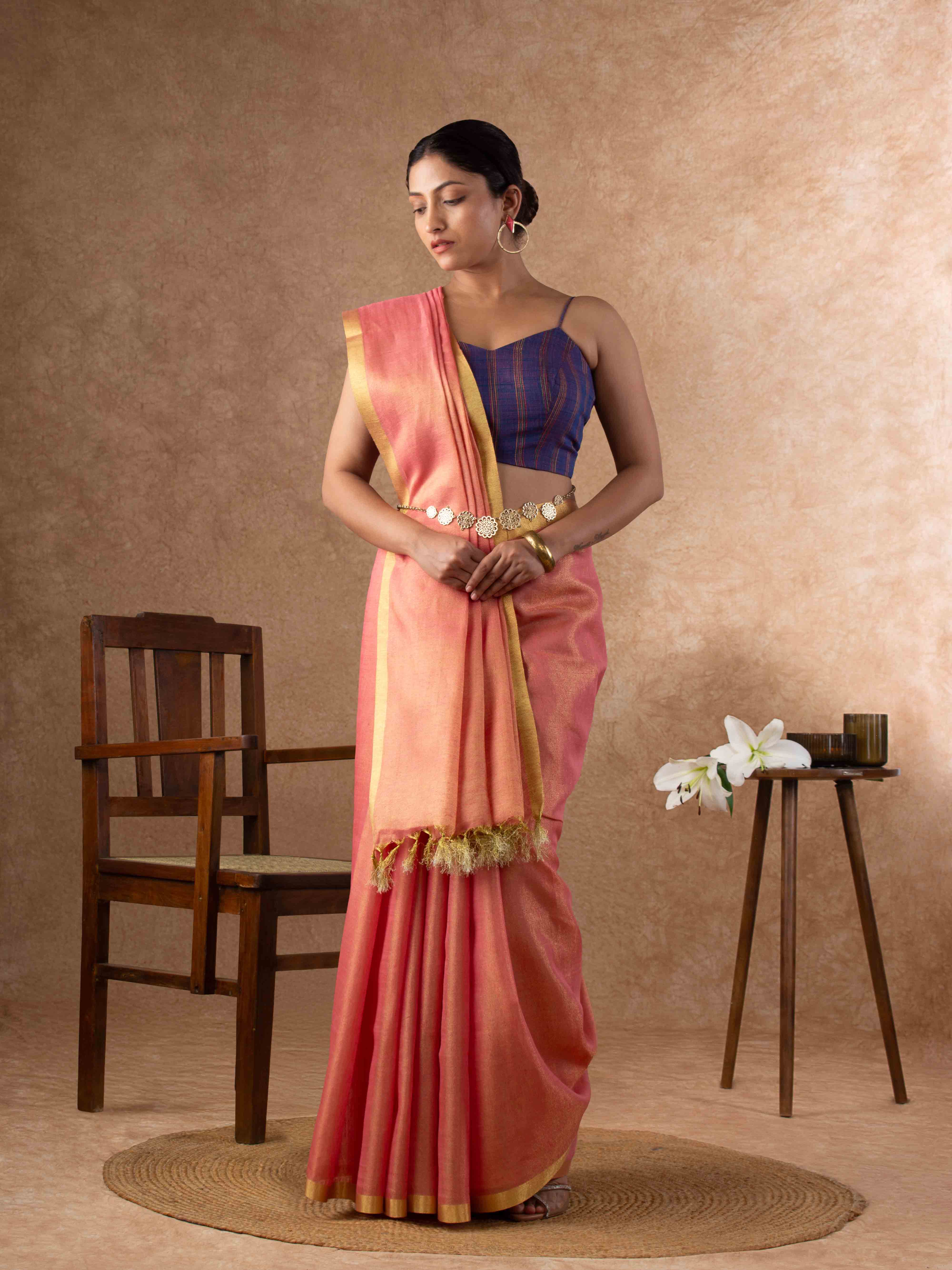 Plush Tissue Linen Soft Gold Saree in Peachy Coral