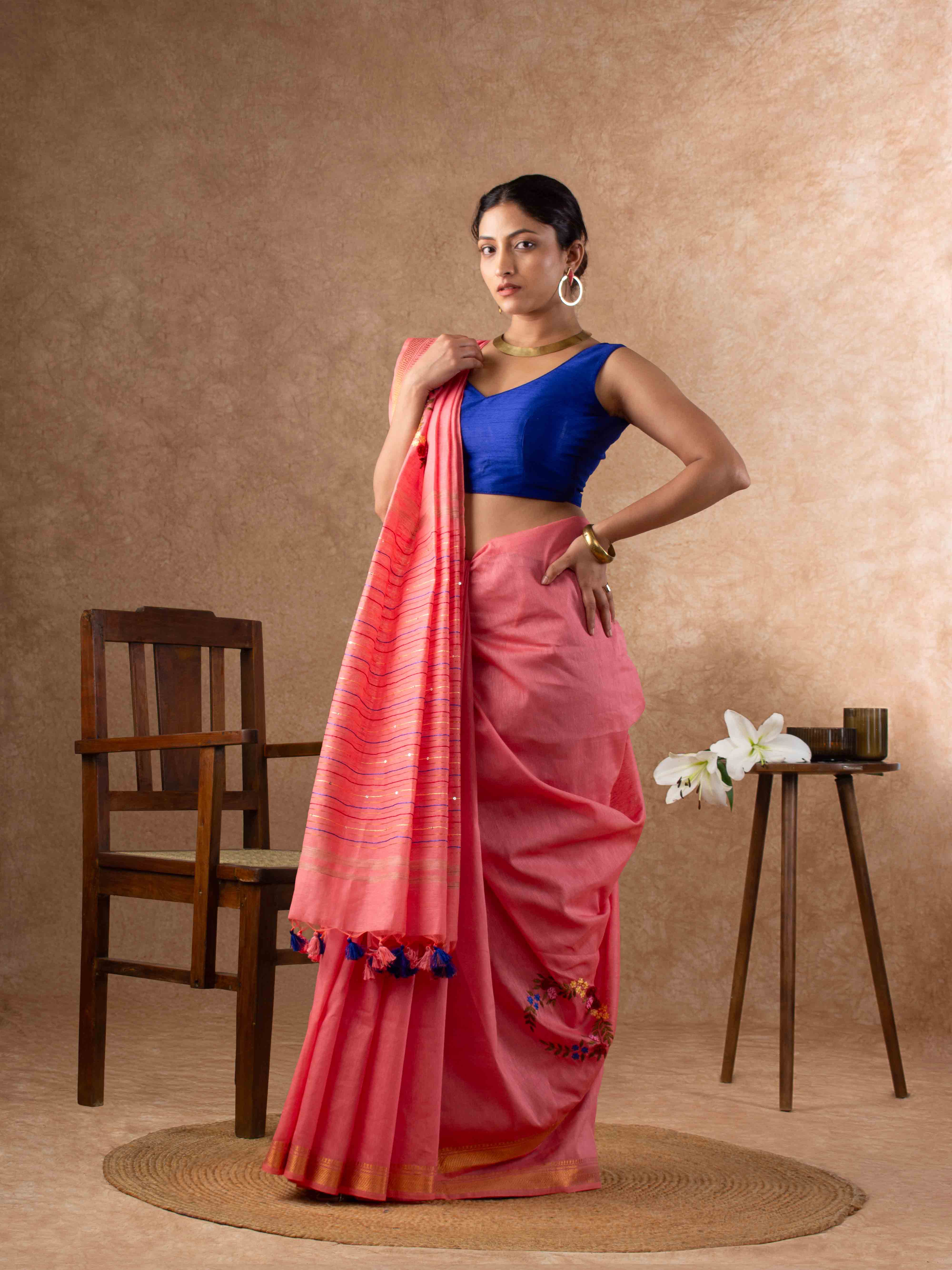 Velvety Linen Silk Saree in Coral Pink with Floral Embroidery