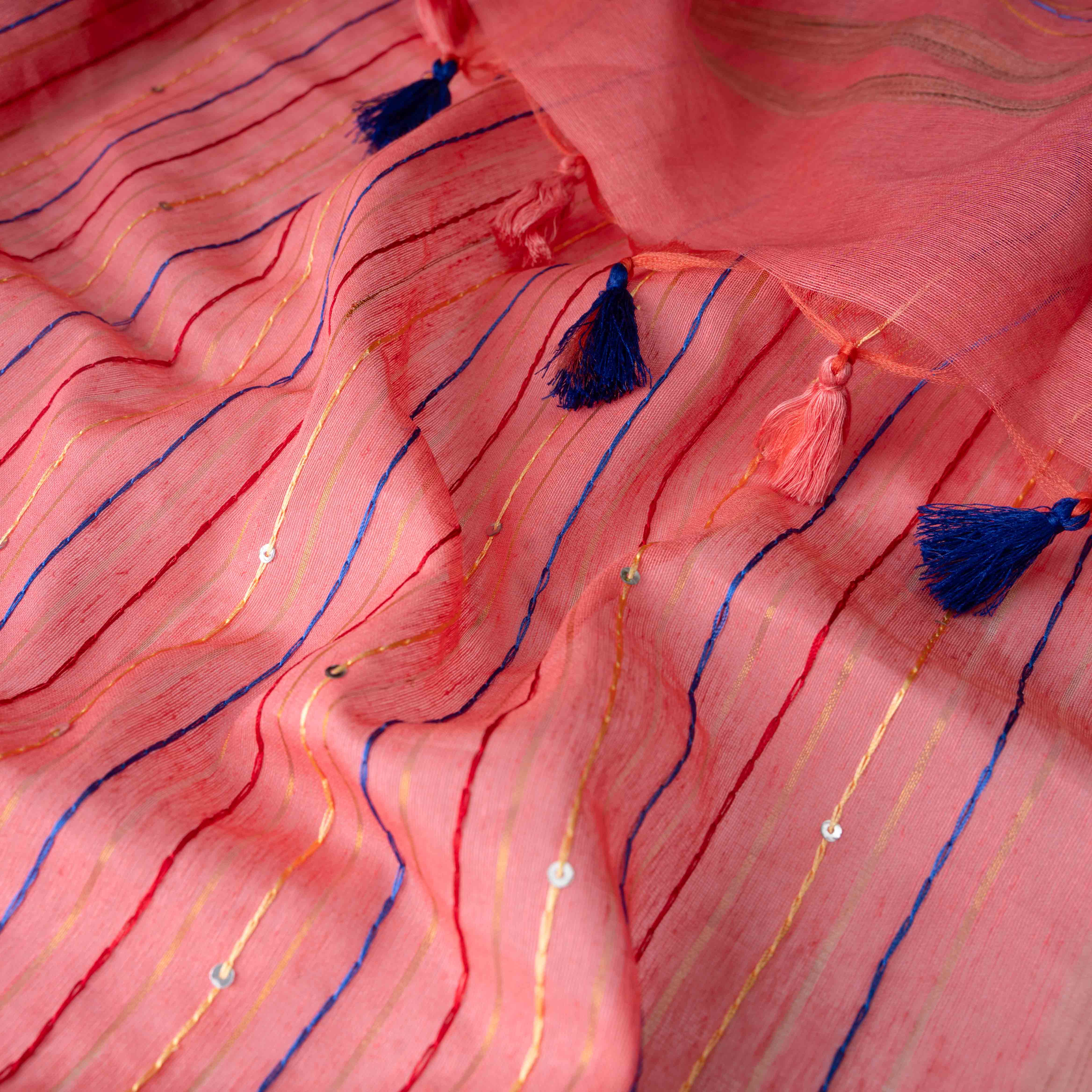 Velvety Linen Silk Saree in Coral Pink with Floral Embroidery