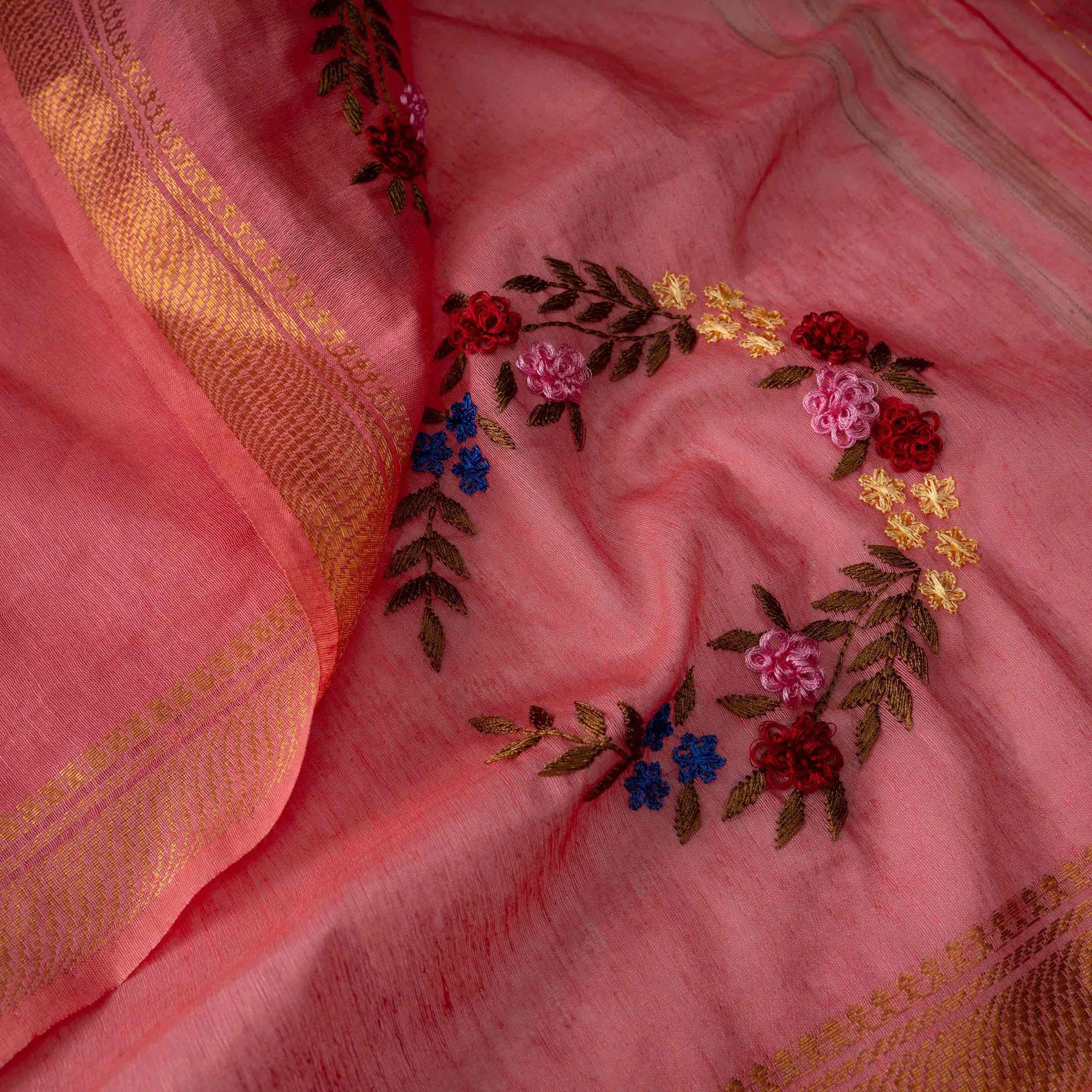 Velvety Linen Silk Saree in Coral Pink with Floral Embroidery