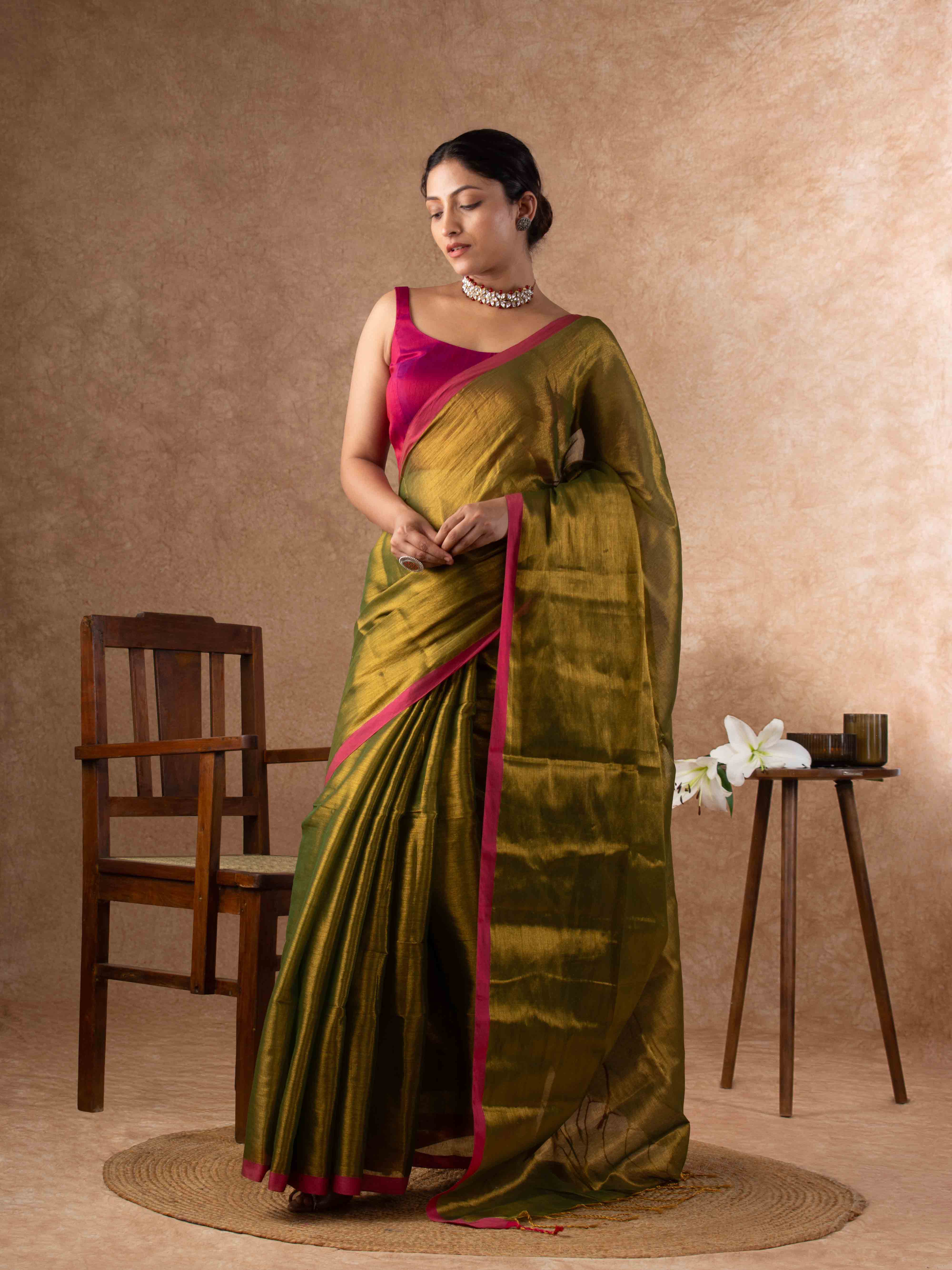 Airy Organic Tissue Silk Saree in Olive Green