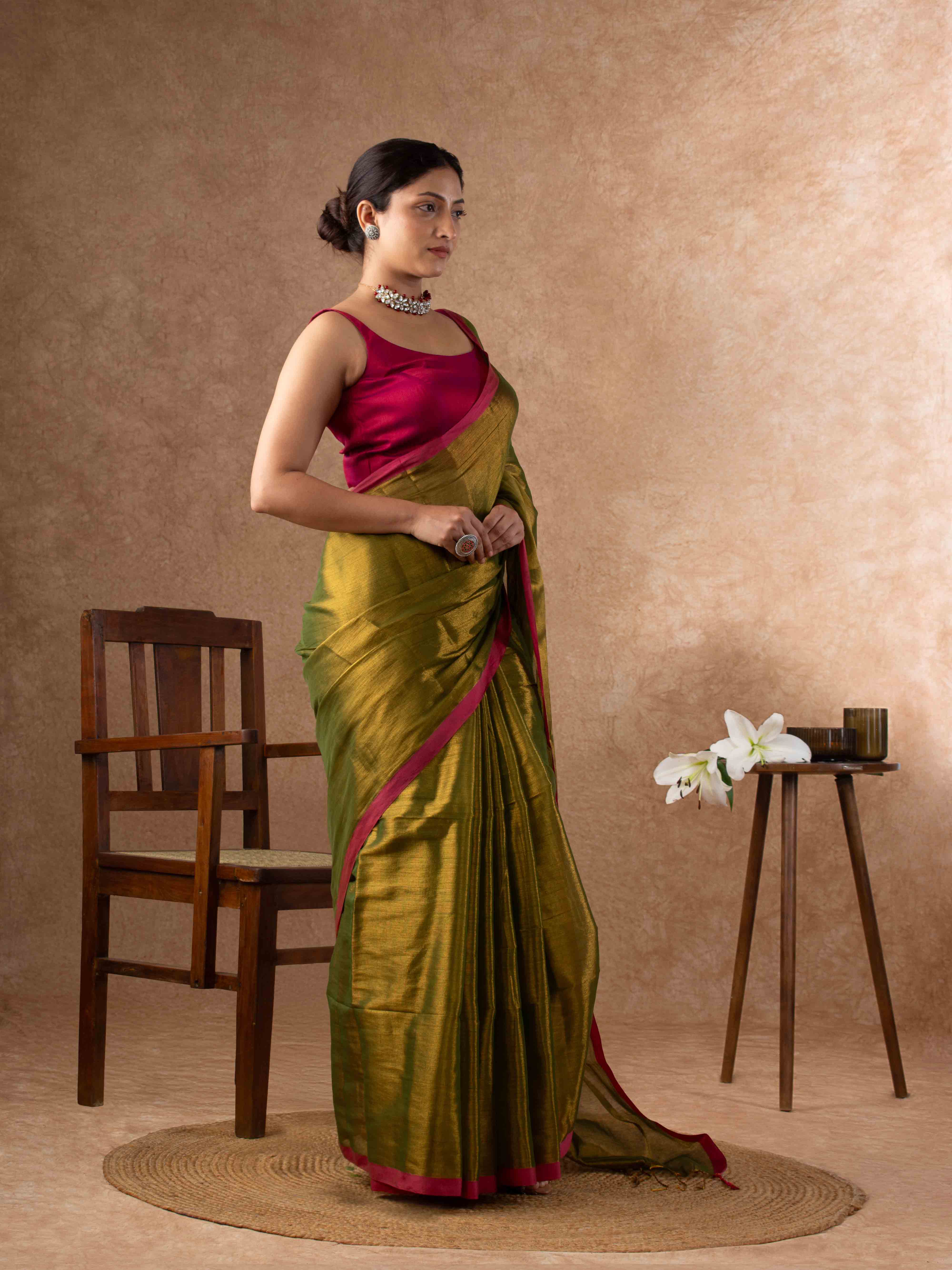 Airy Organic Tissue Silk Saree in Olive Green