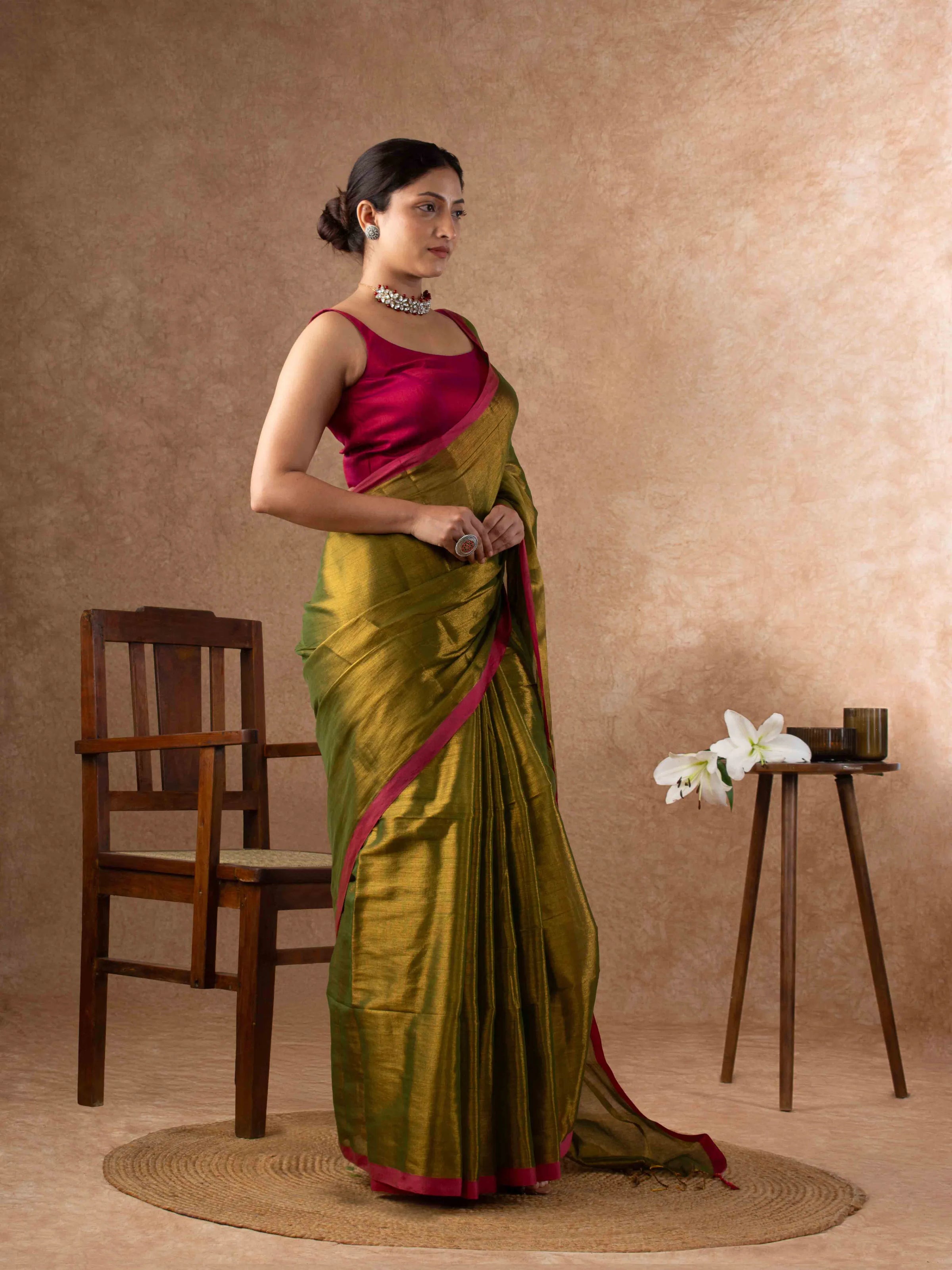 Airy Organic Tissue Silk Saree in Olive Green
