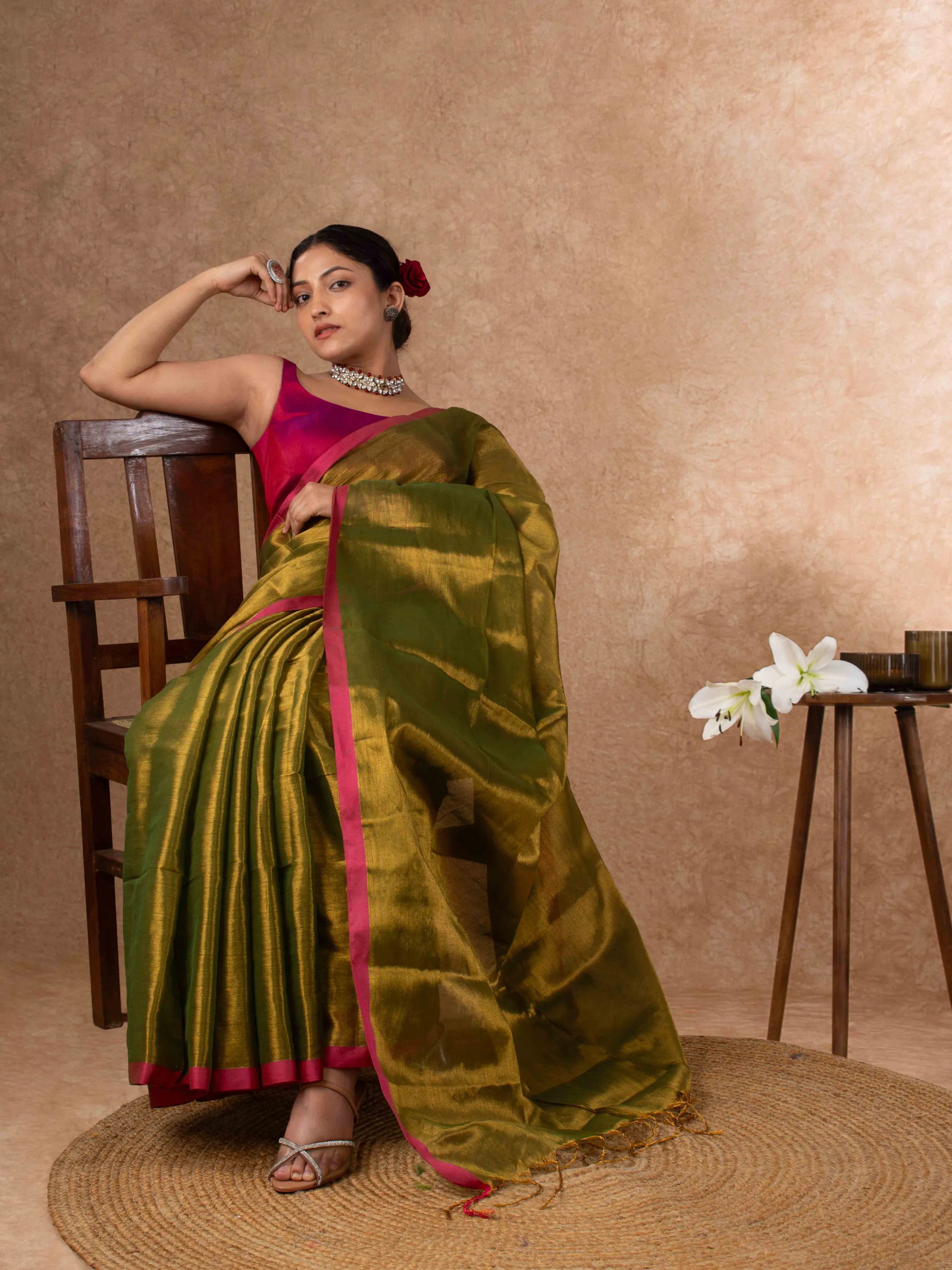 Airy Organic Tissue Silk Saree in Olive Green