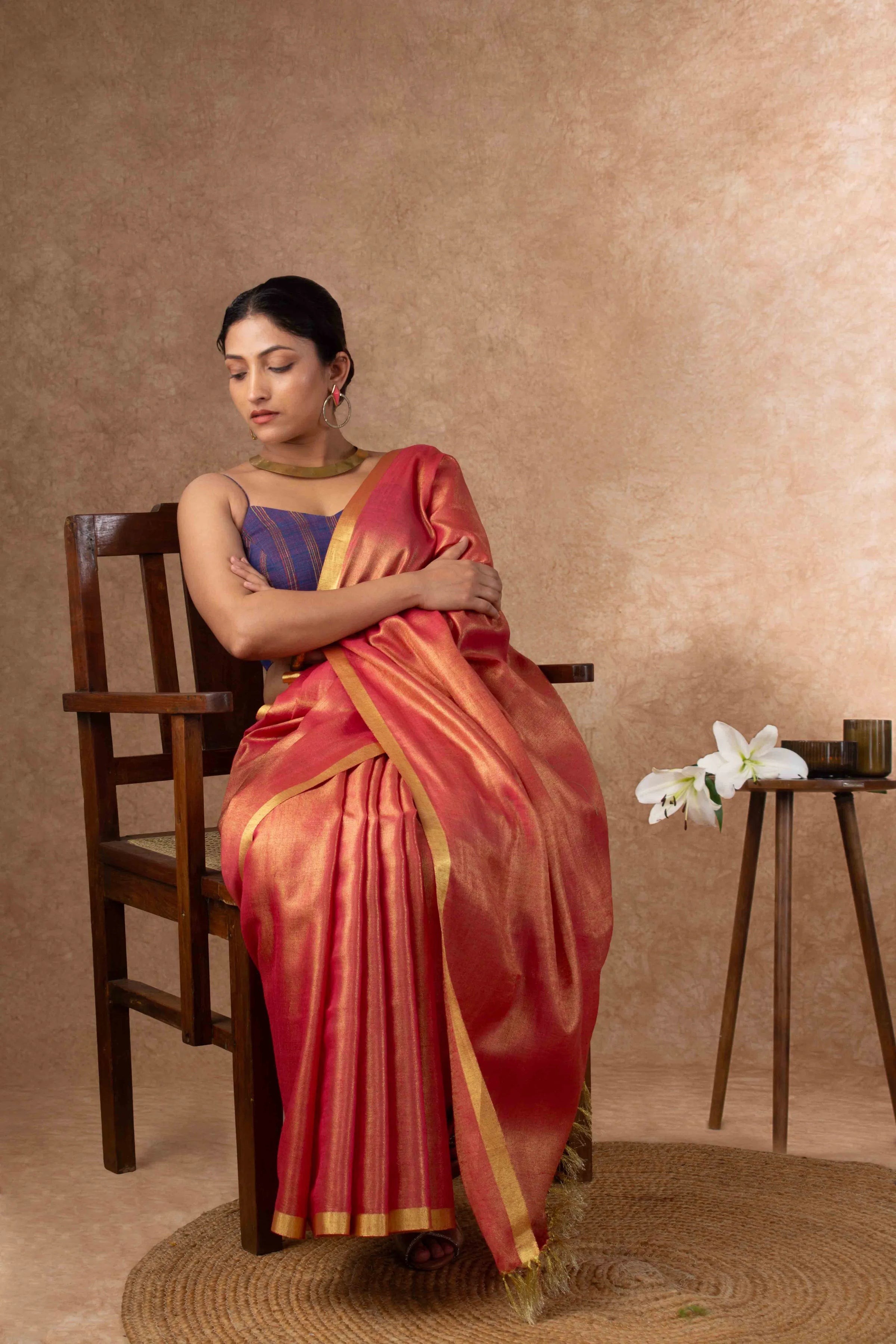 Plush Tissue Linen Soft Gold Saree in Coral Rose