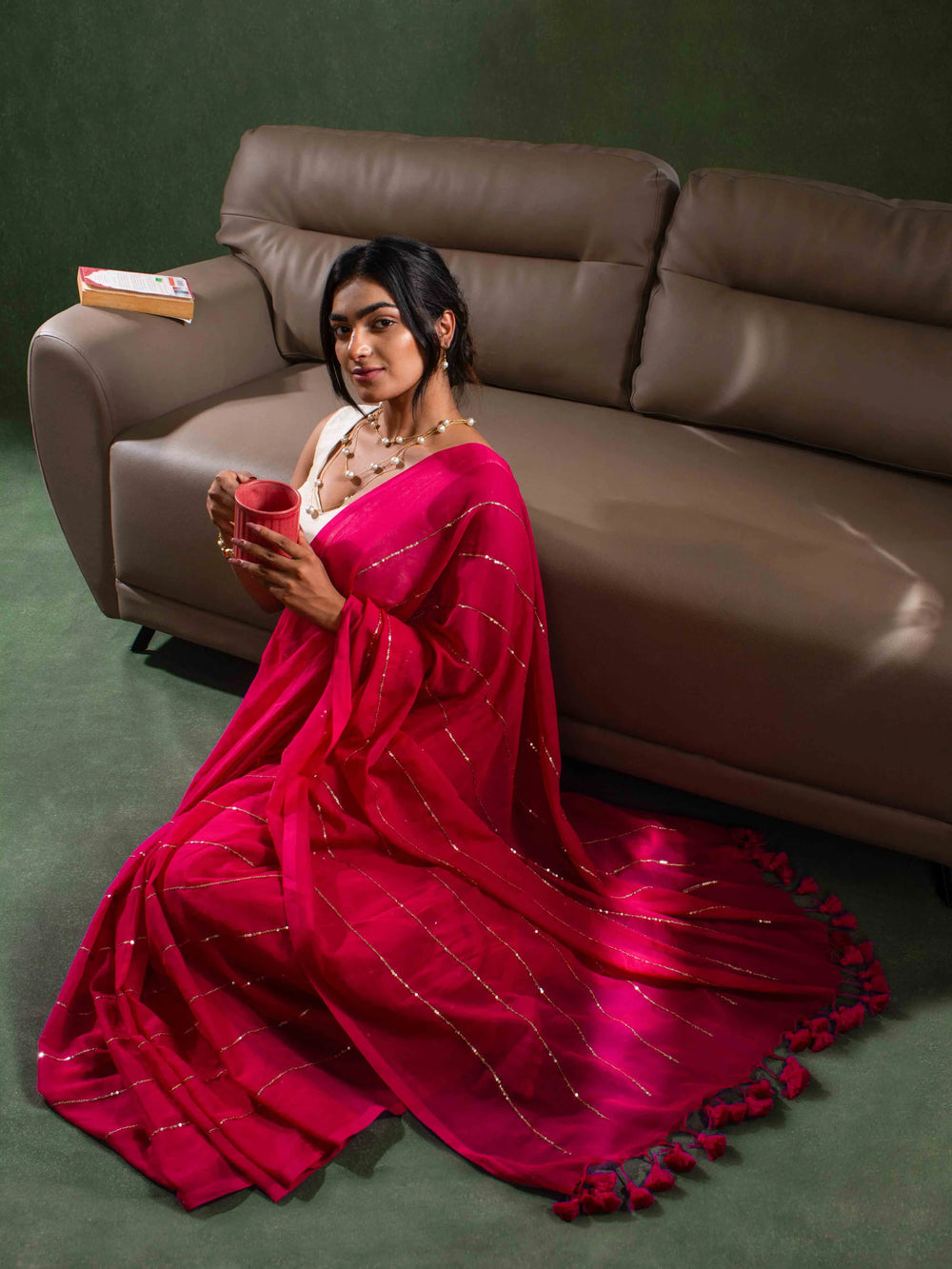 Whisper-light Mul Cotton Saree in Coral Rose with Zari Stripes