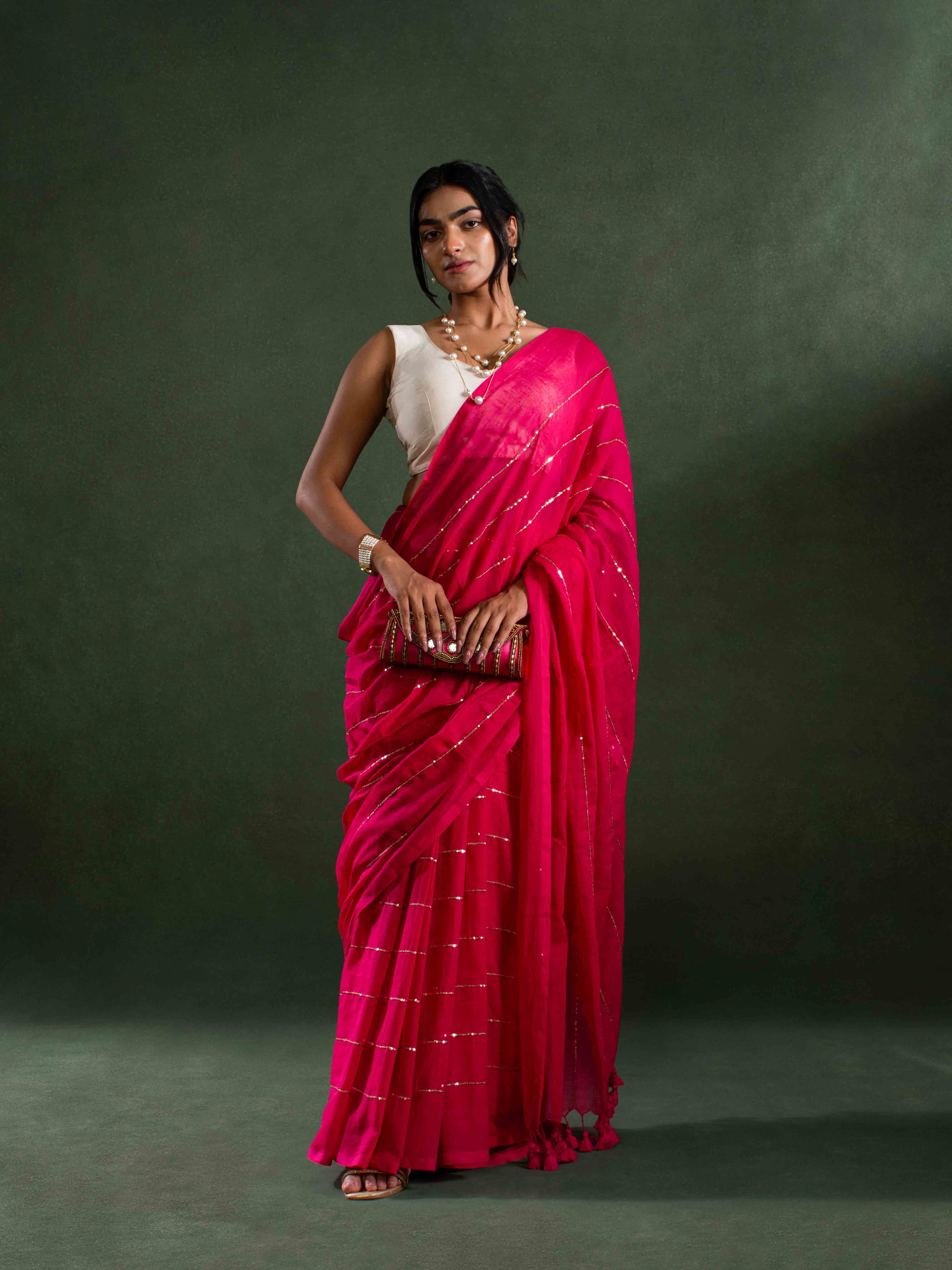 Whisper-light Mul Cotton Saree in Coral Rose with Zari Stripes