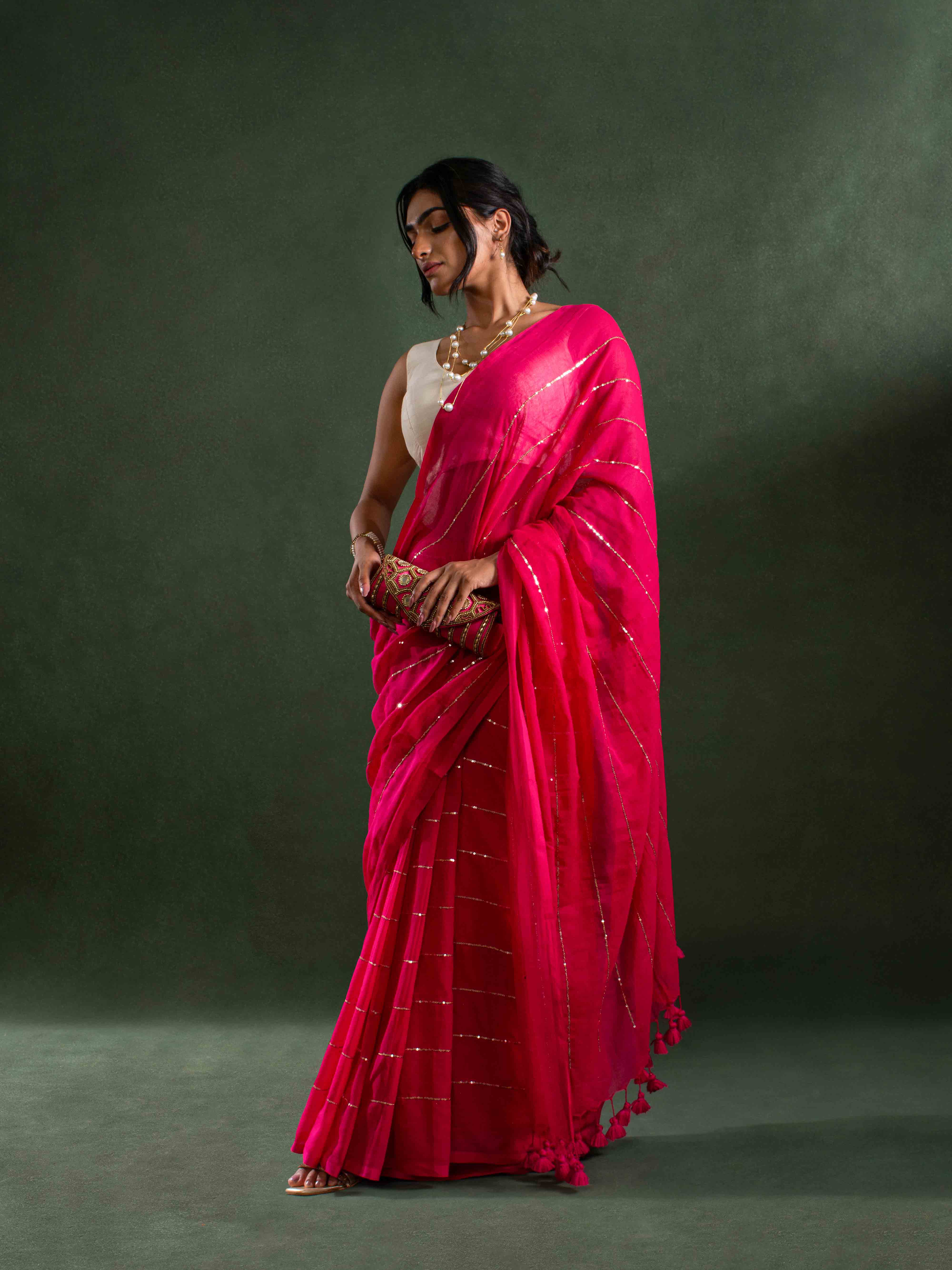 Whisper-light Mul Cotton Saree in Coral Rose with Zari Stripes
