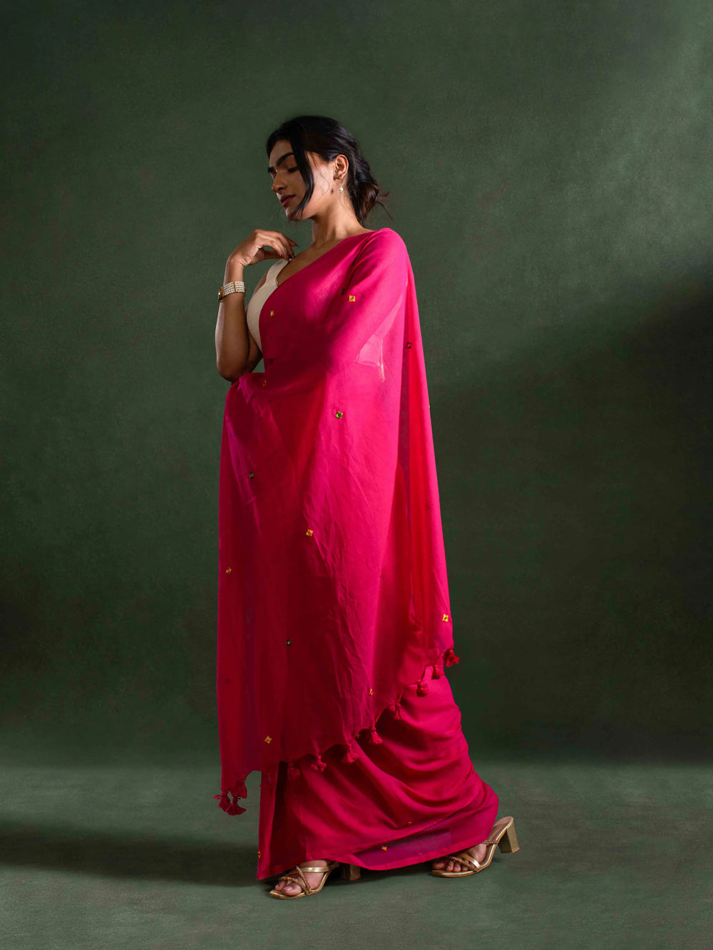 Breezy Mul Cotton Saree in Rose Pink with Subtle Mirror Work