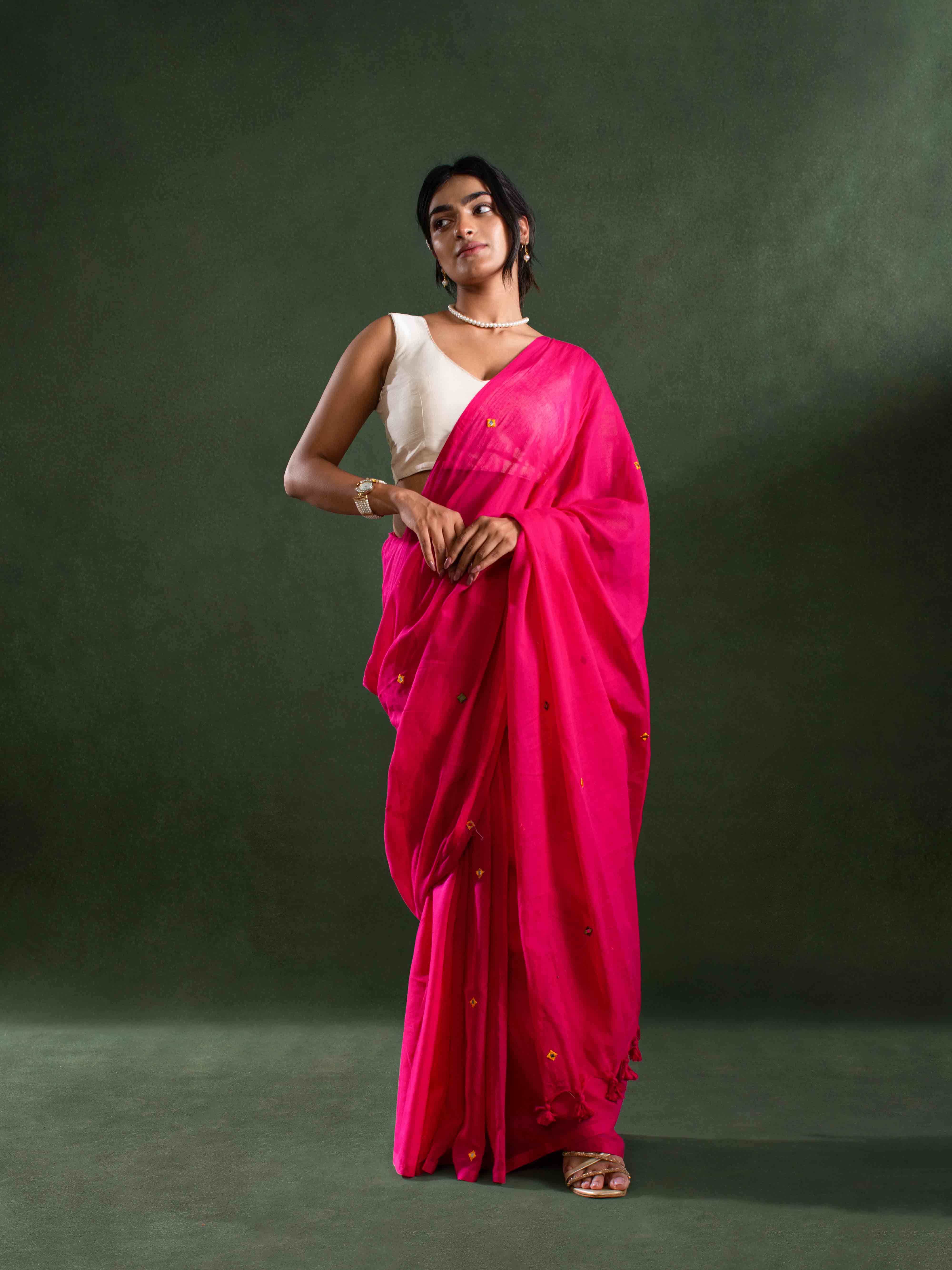 Breezy Mul Cotton Saree in Rose Pink with Subtle Mirror Work
