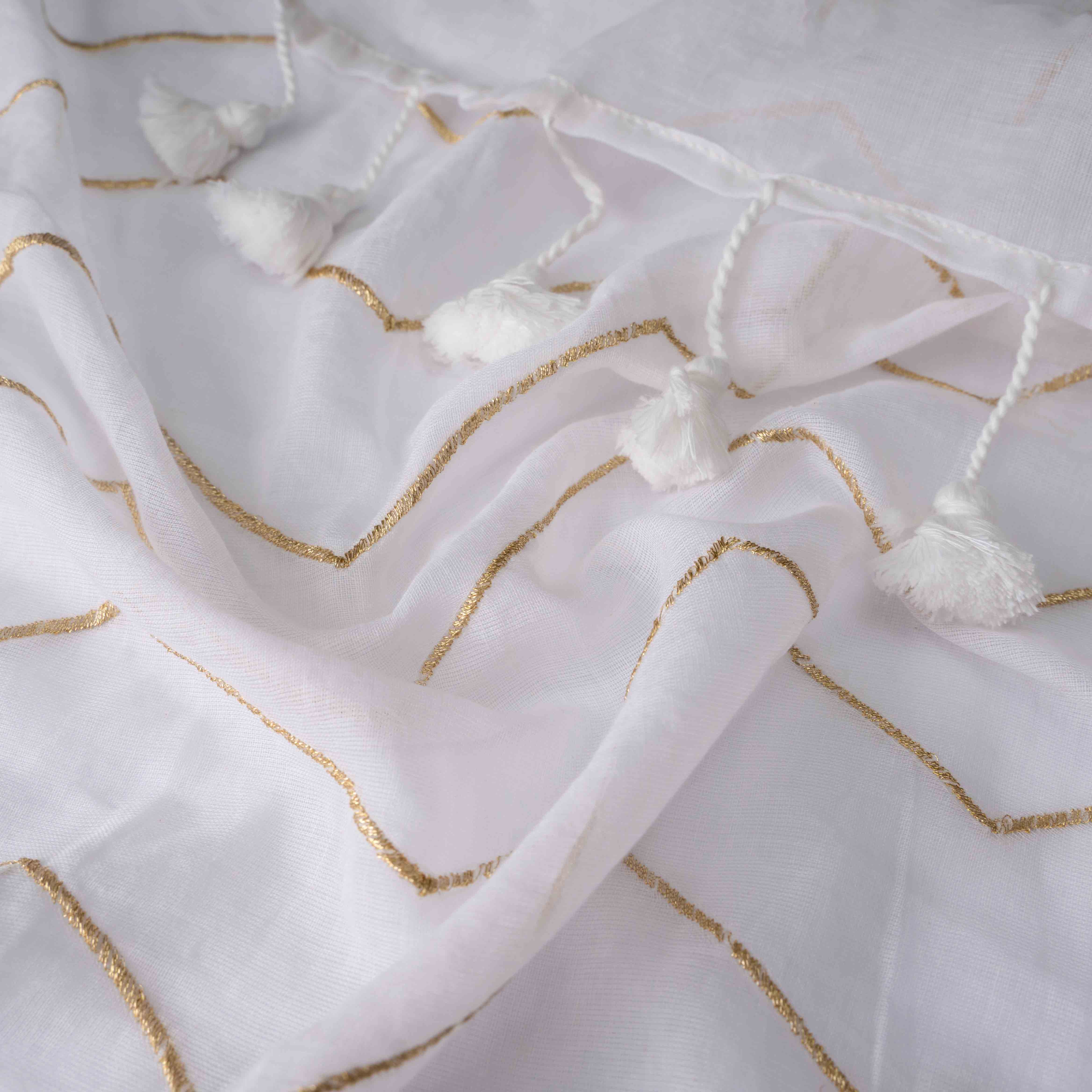 Featherlight Mul Cotton Saree in Ivory White with Wave Patterns