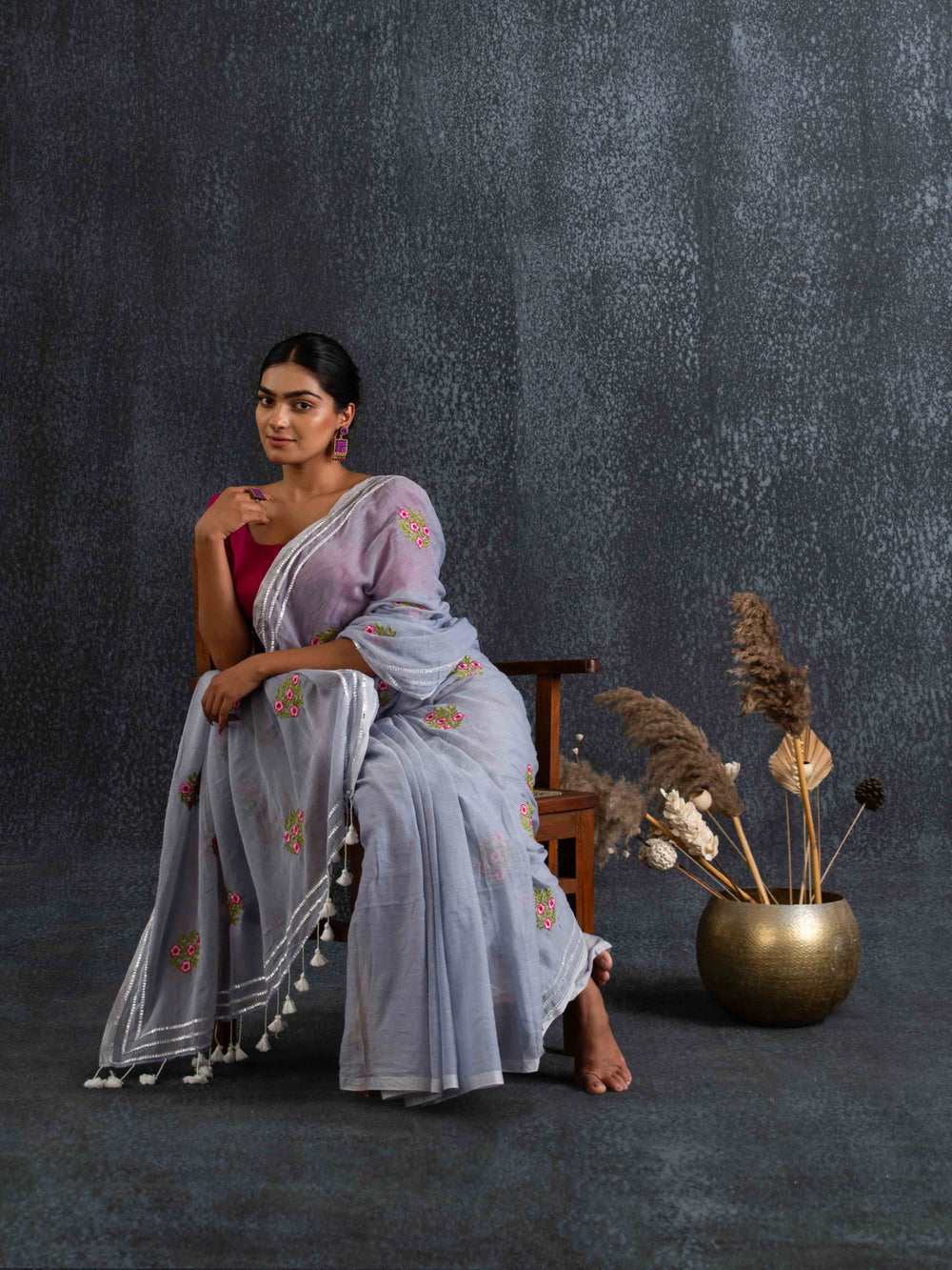 Gentle Mul Cotton Saree in Powder Blue with Floral Embroidery