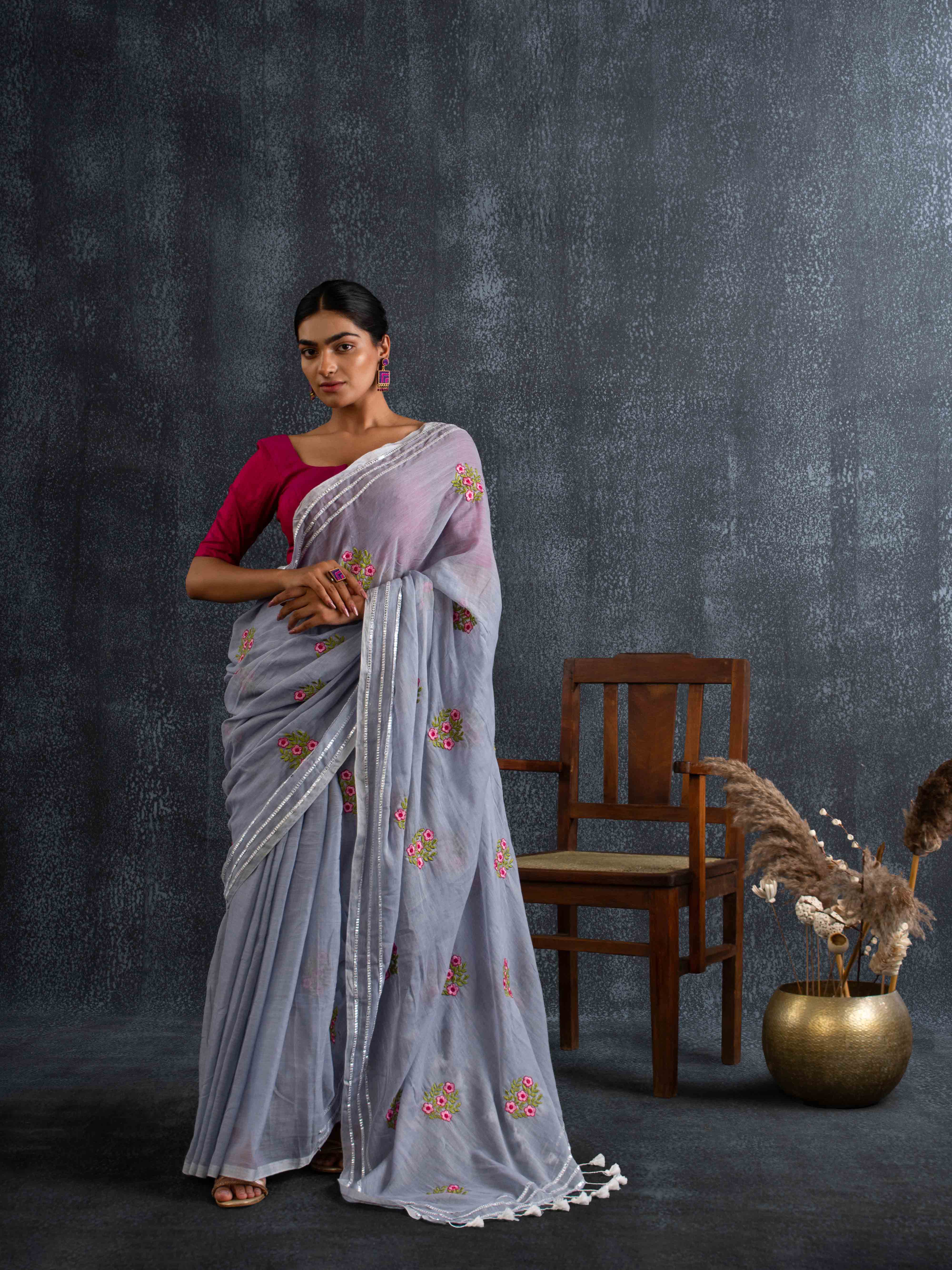 Gentle Mul Cotton Saree in Powder Blue with Floral Embroidery