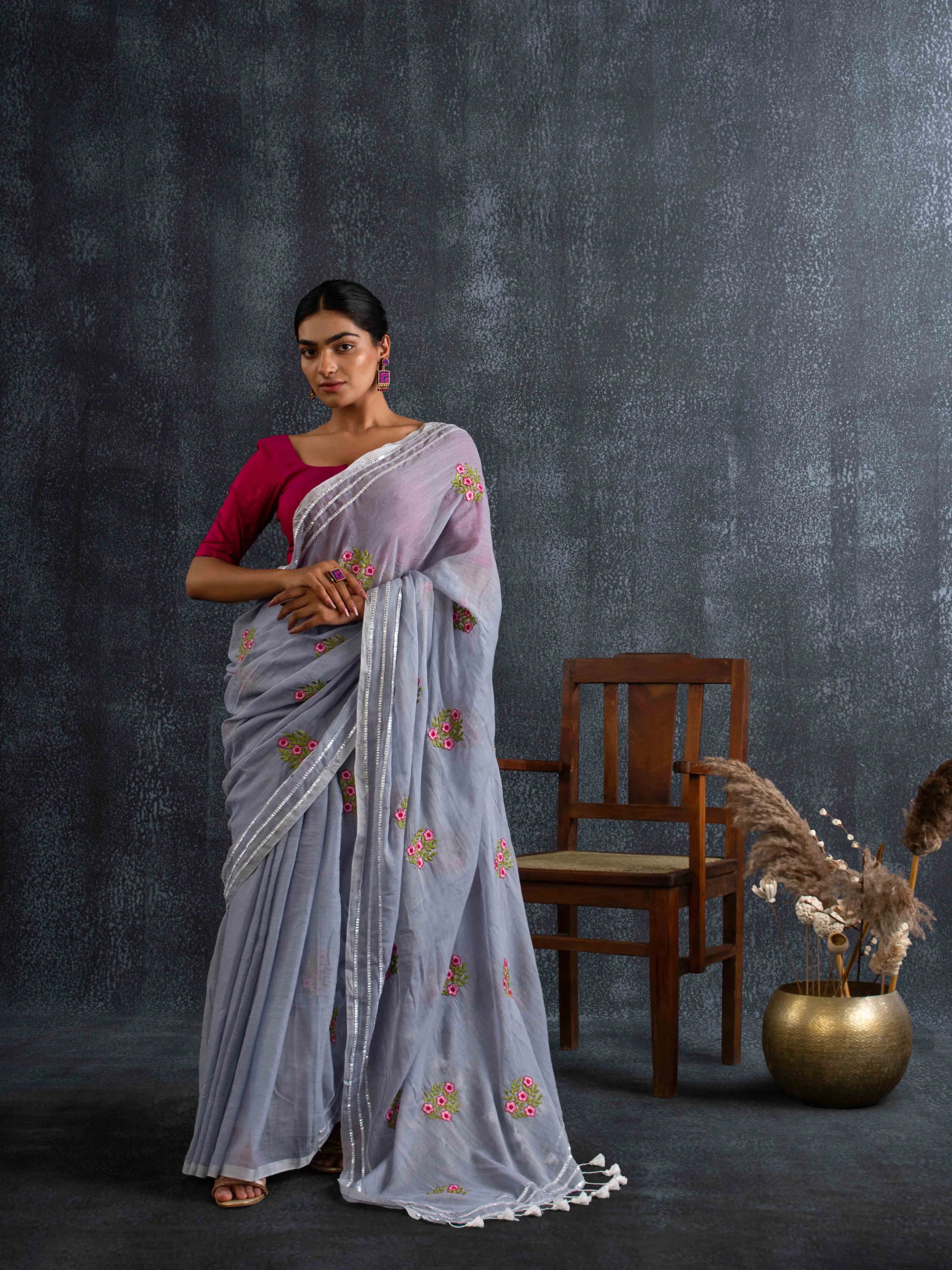 Gentle Mul Cotton Saree in Powder Blue with Floral Embroidery