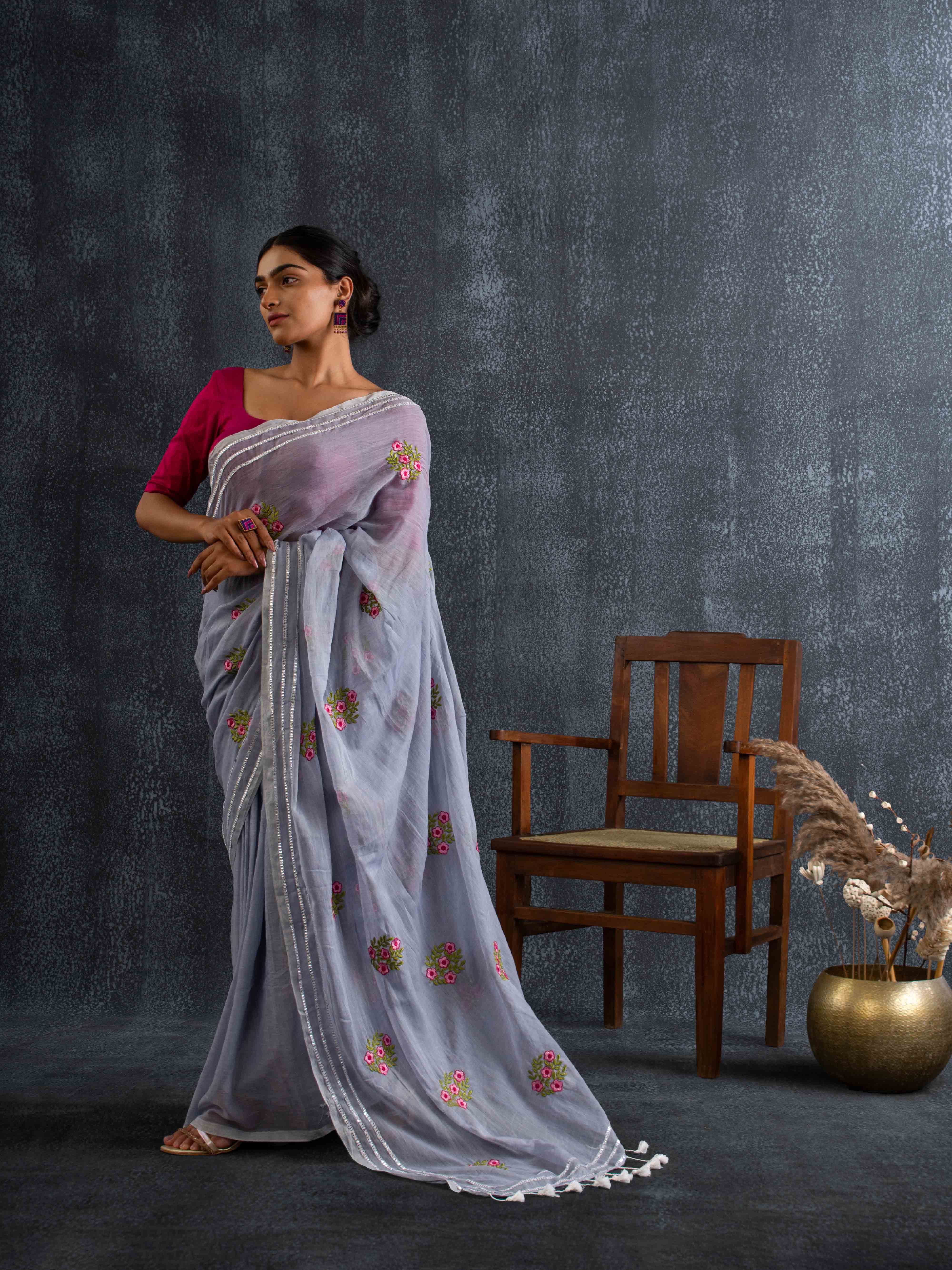 Gentle Mul Cotton Saree in Powder Blue with Floral Embroidery