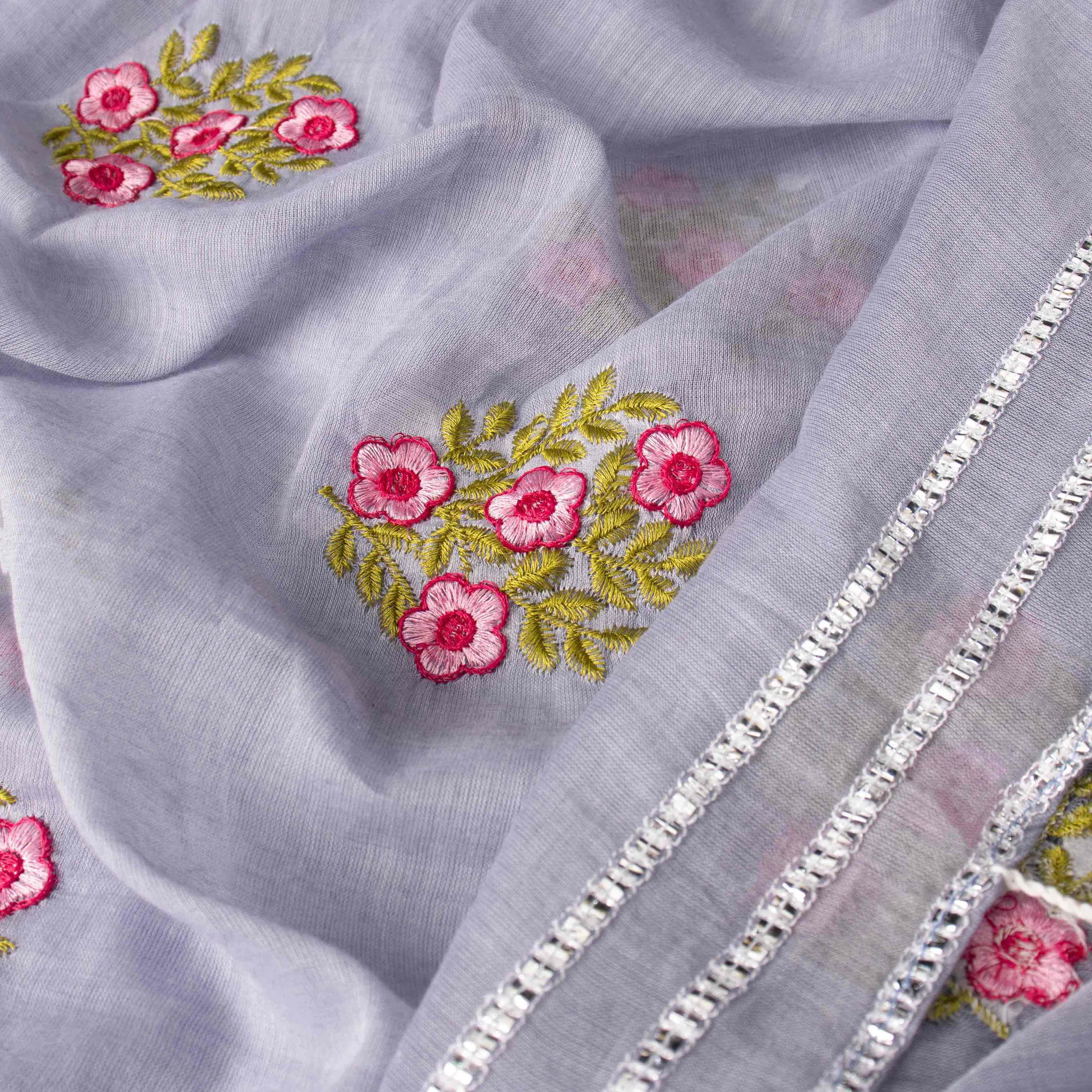 Gentle Mul Cotton Saree in Powder Blue with Floral Embroidery