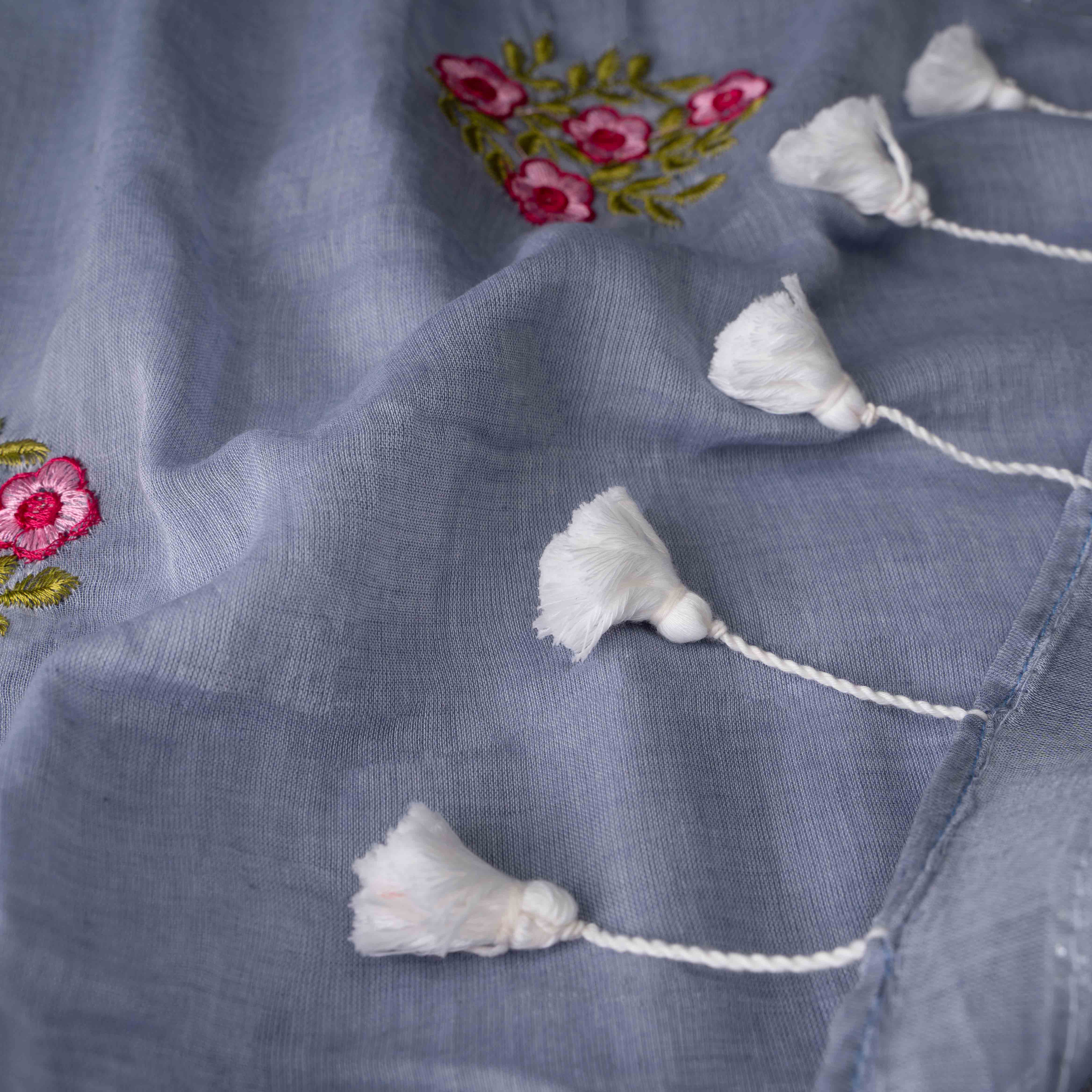 Gentle Mul Cotton Saree in Powder Blue with Floral Embroidery