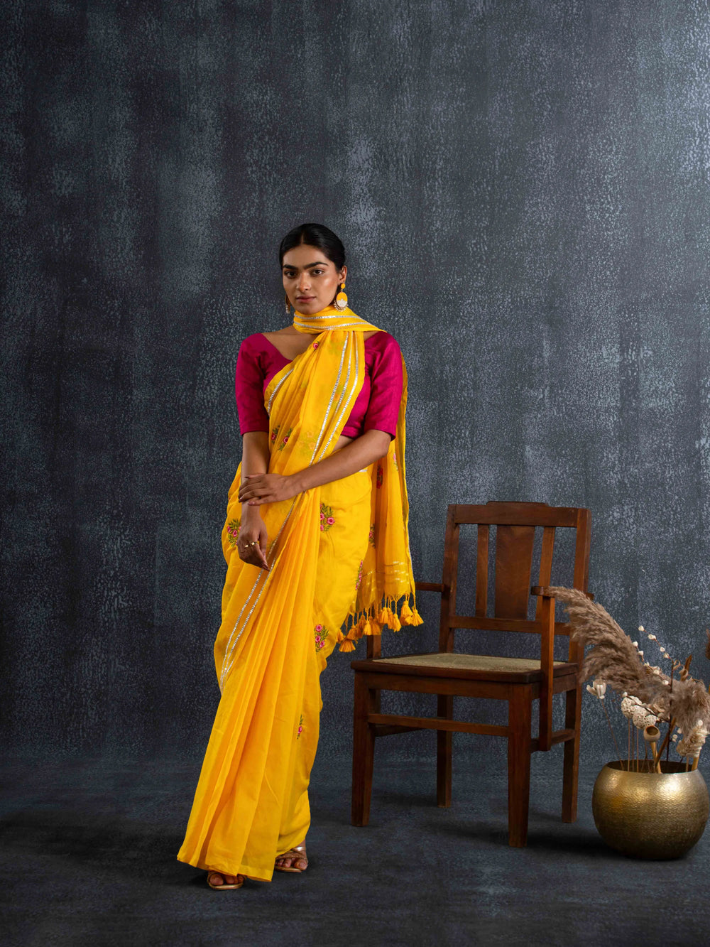 Gentle Mul Cotton Saree in Marigold Yellow with Floral Embroidery