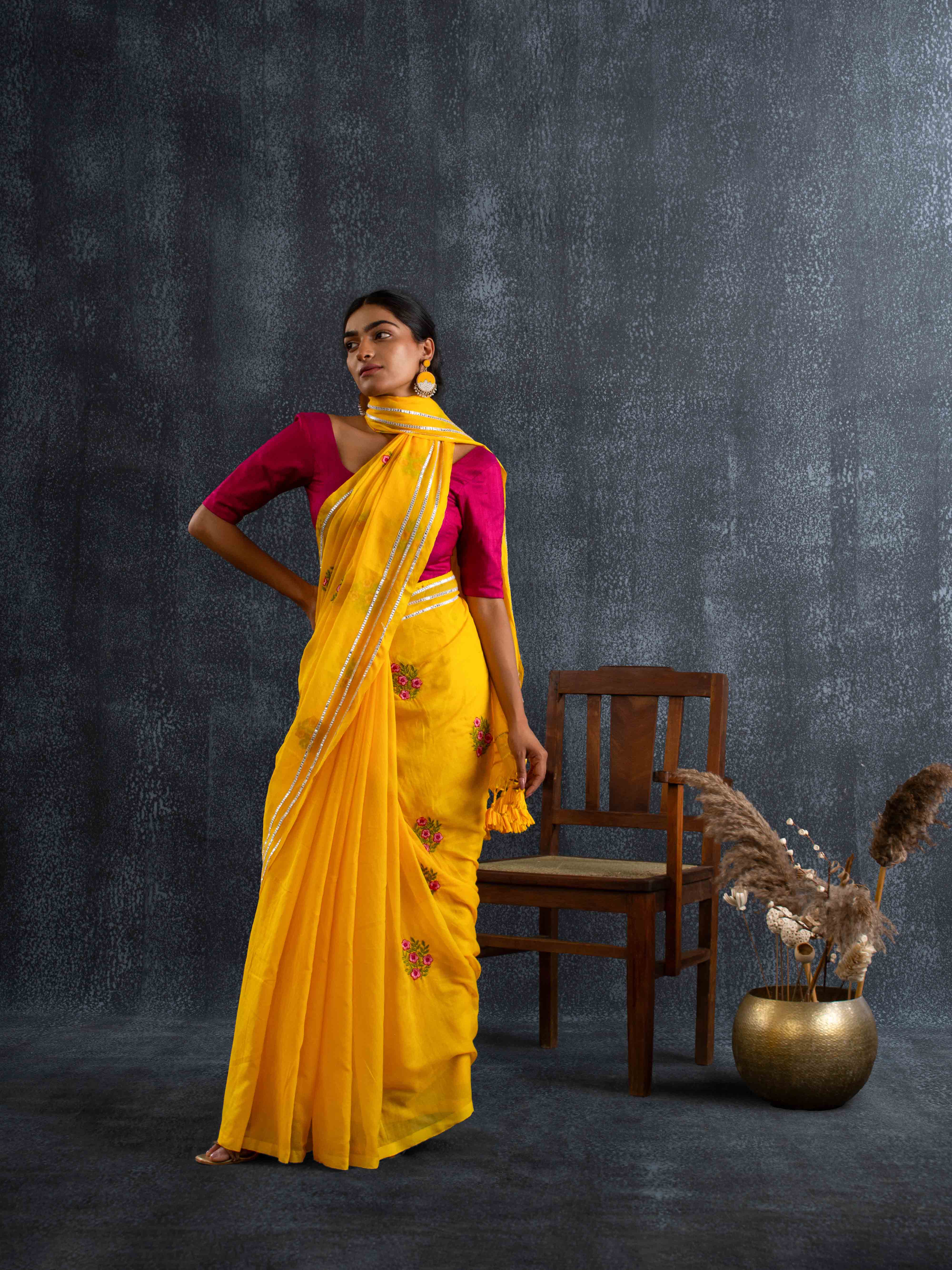 Gentle Mul Cotton Saree in Marigold Yellow with Floral Embroidery