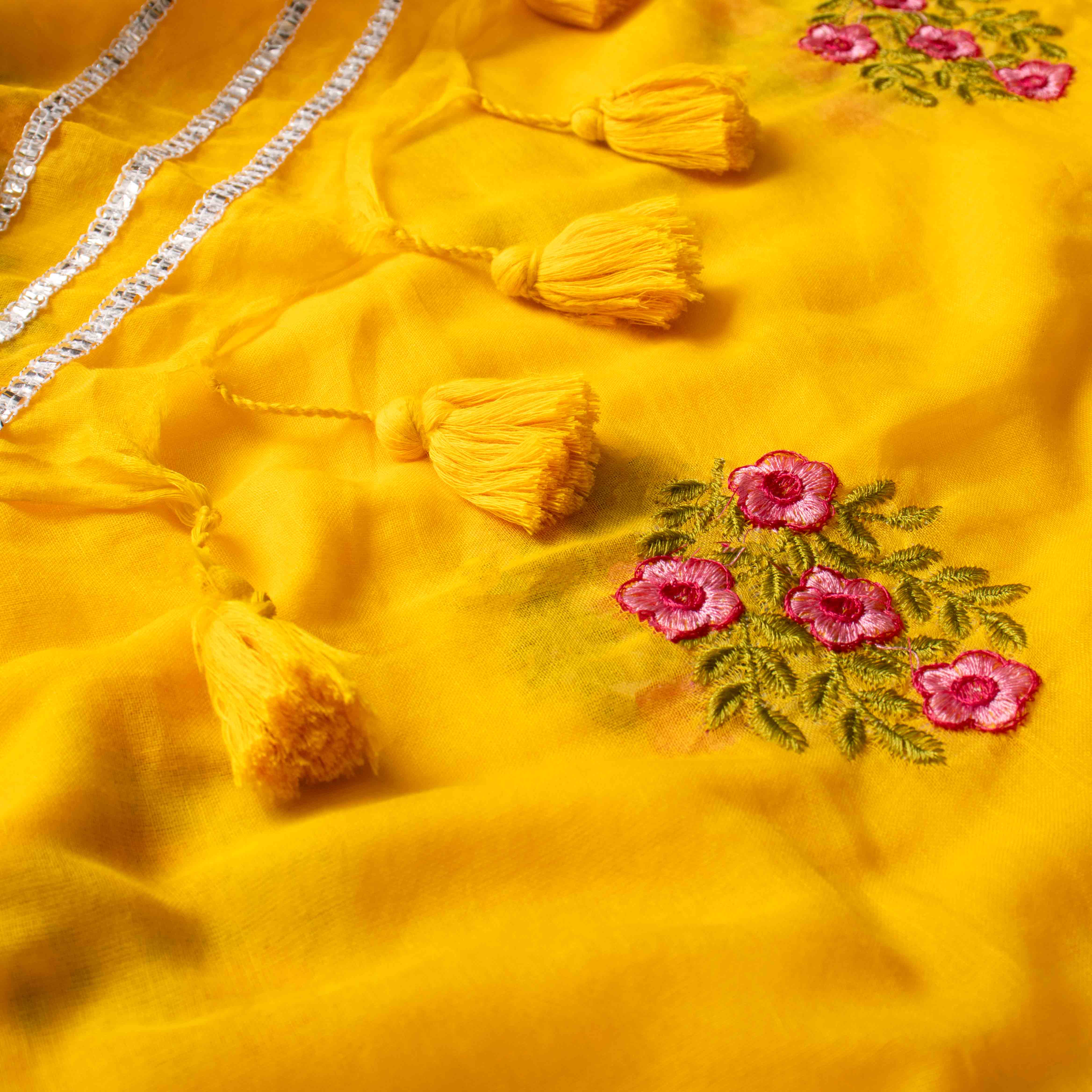Gentle Mul Cotton Saree in Marigold Yellow with Floral Embroidery
