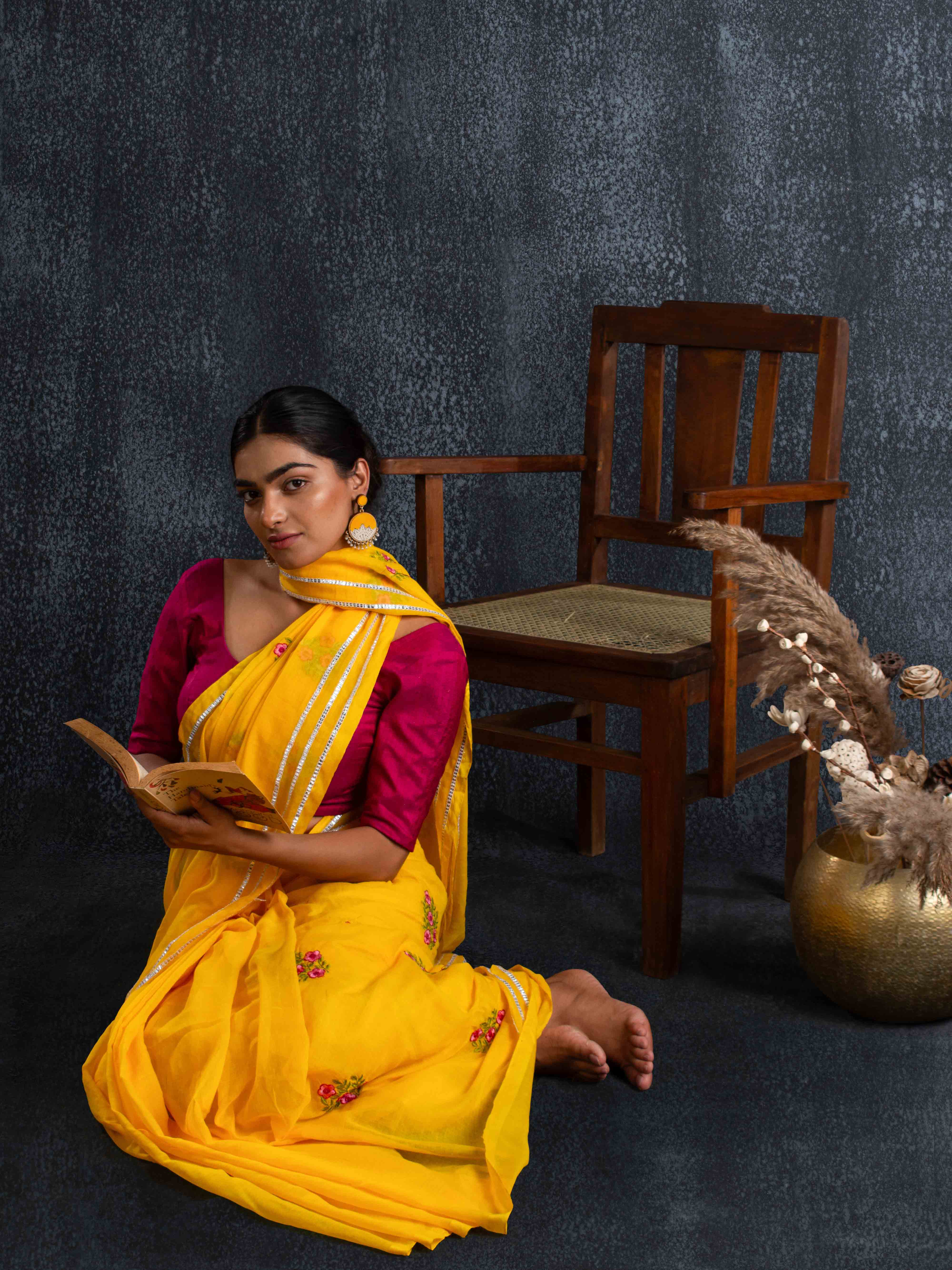 Gentle Mul Cotton Saree in Marigold Yellow with Floral Embroidery