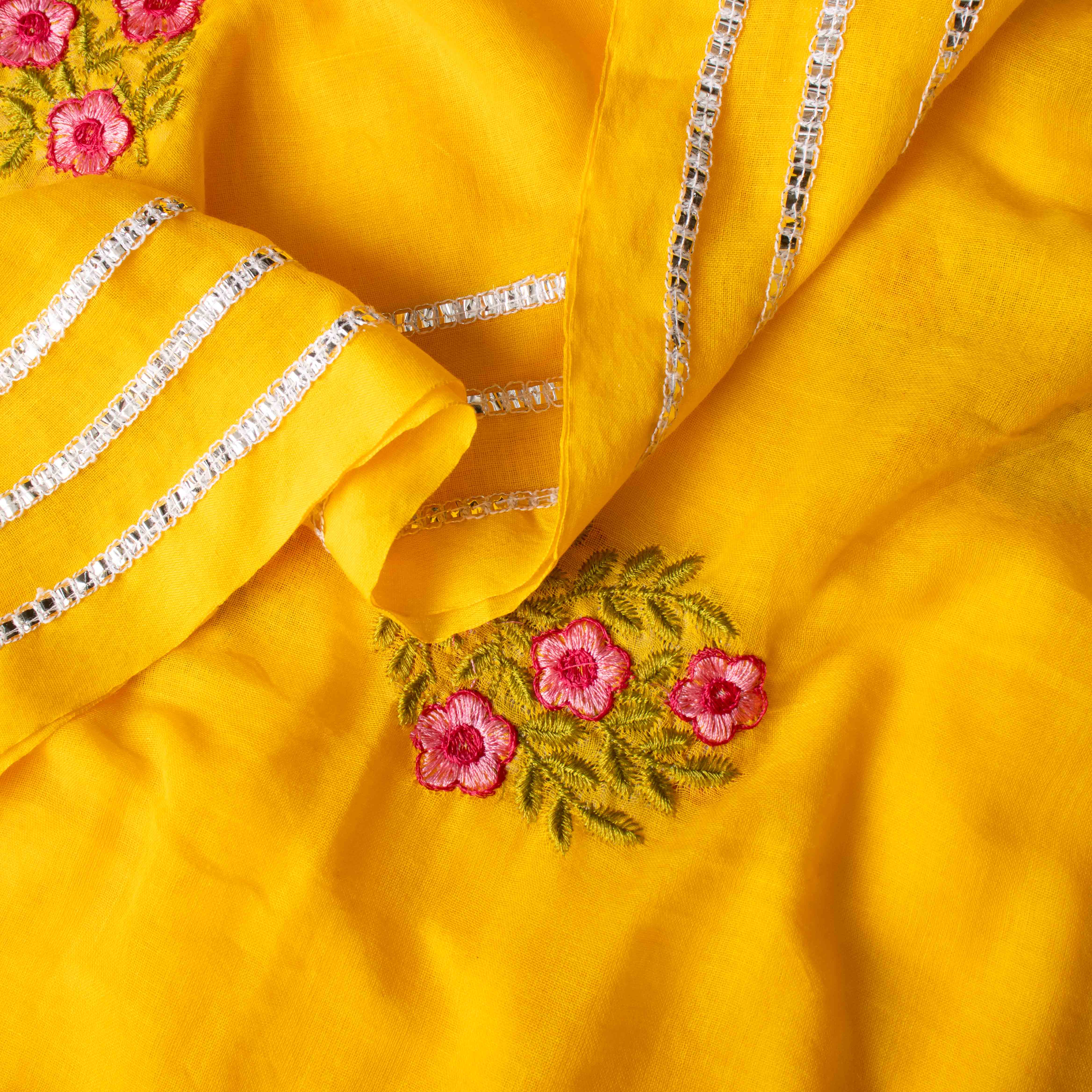 Gentle Mul Cotton Saree in Marigold Yellow with Floral Embroidery