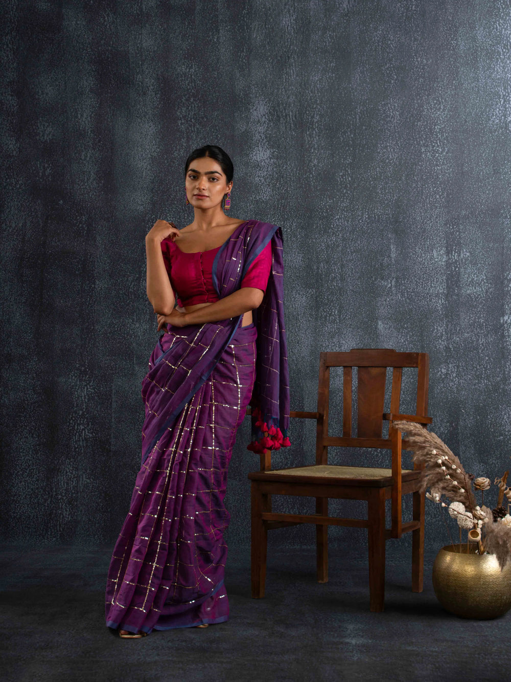 Breezy Mul Cotton Saree in Plum Blue with Zari Checks