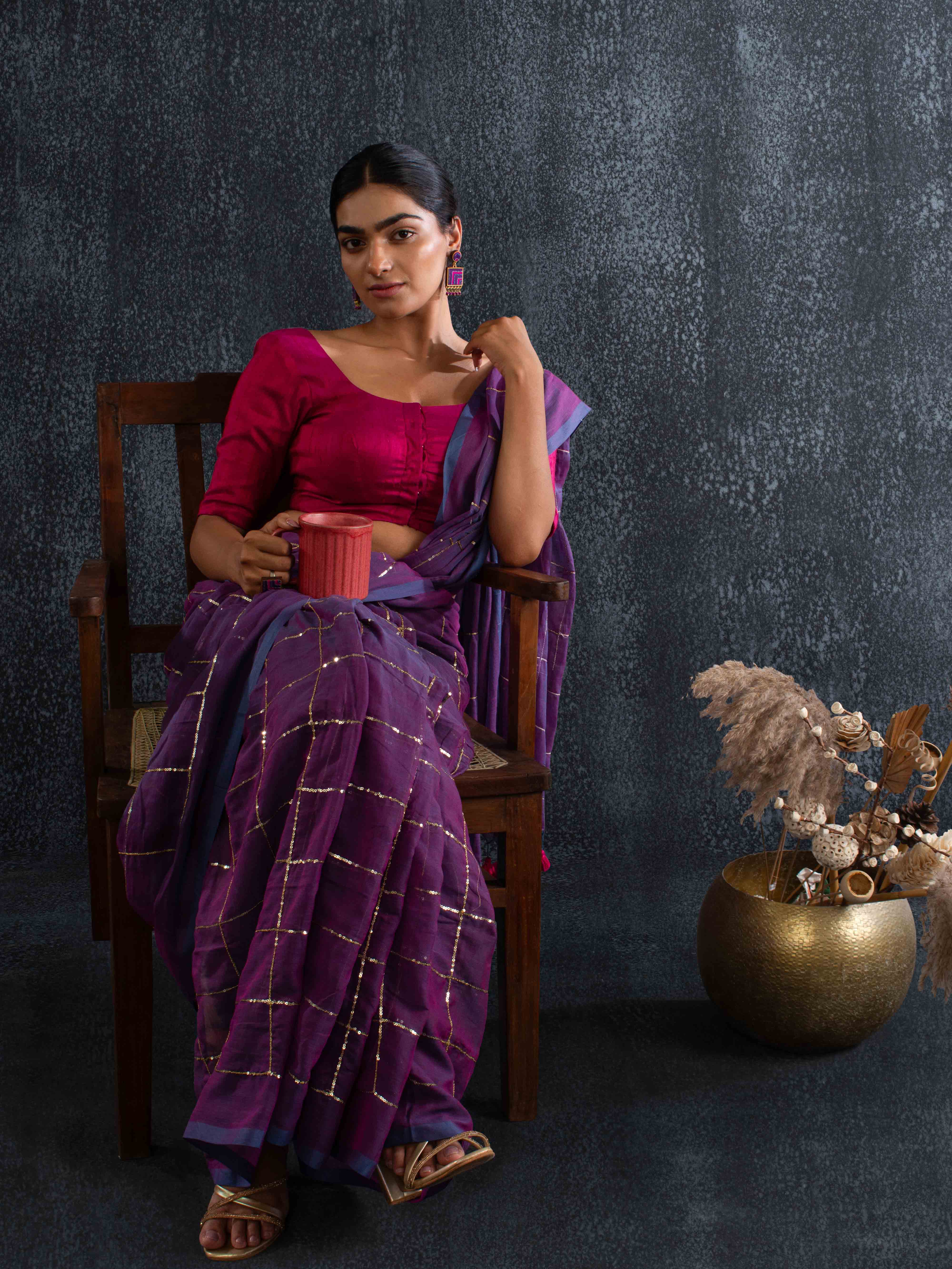 Breezy Mul Cotton Saree in Plum Blue with Zari Checks