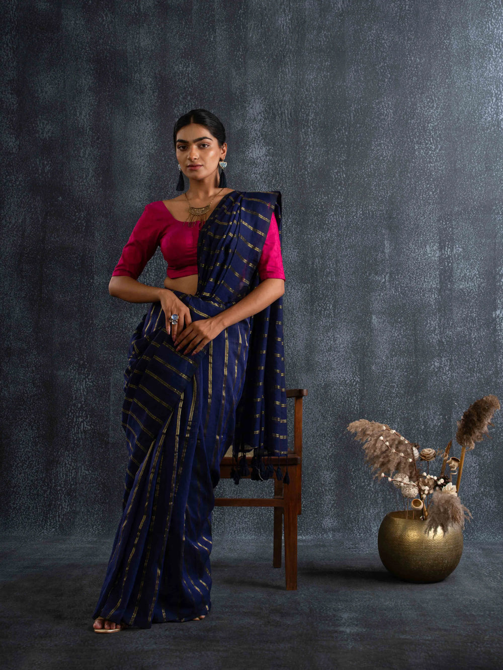 Featherlight Mul Cotton Saree in Deep Navy with Zari Stripes