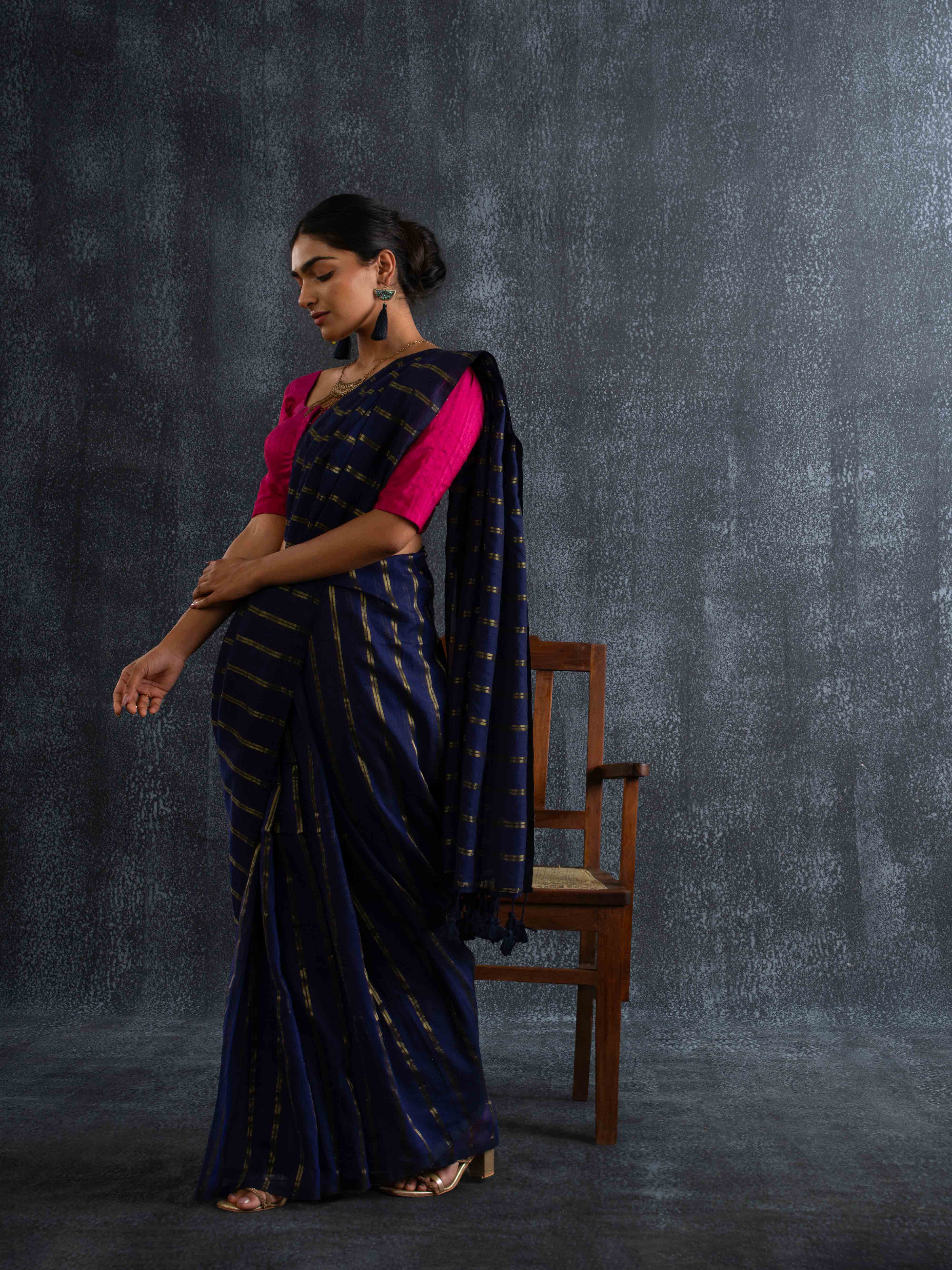 Featherlight Mul Cotton Saree in Deep Navy with Zari Stripes