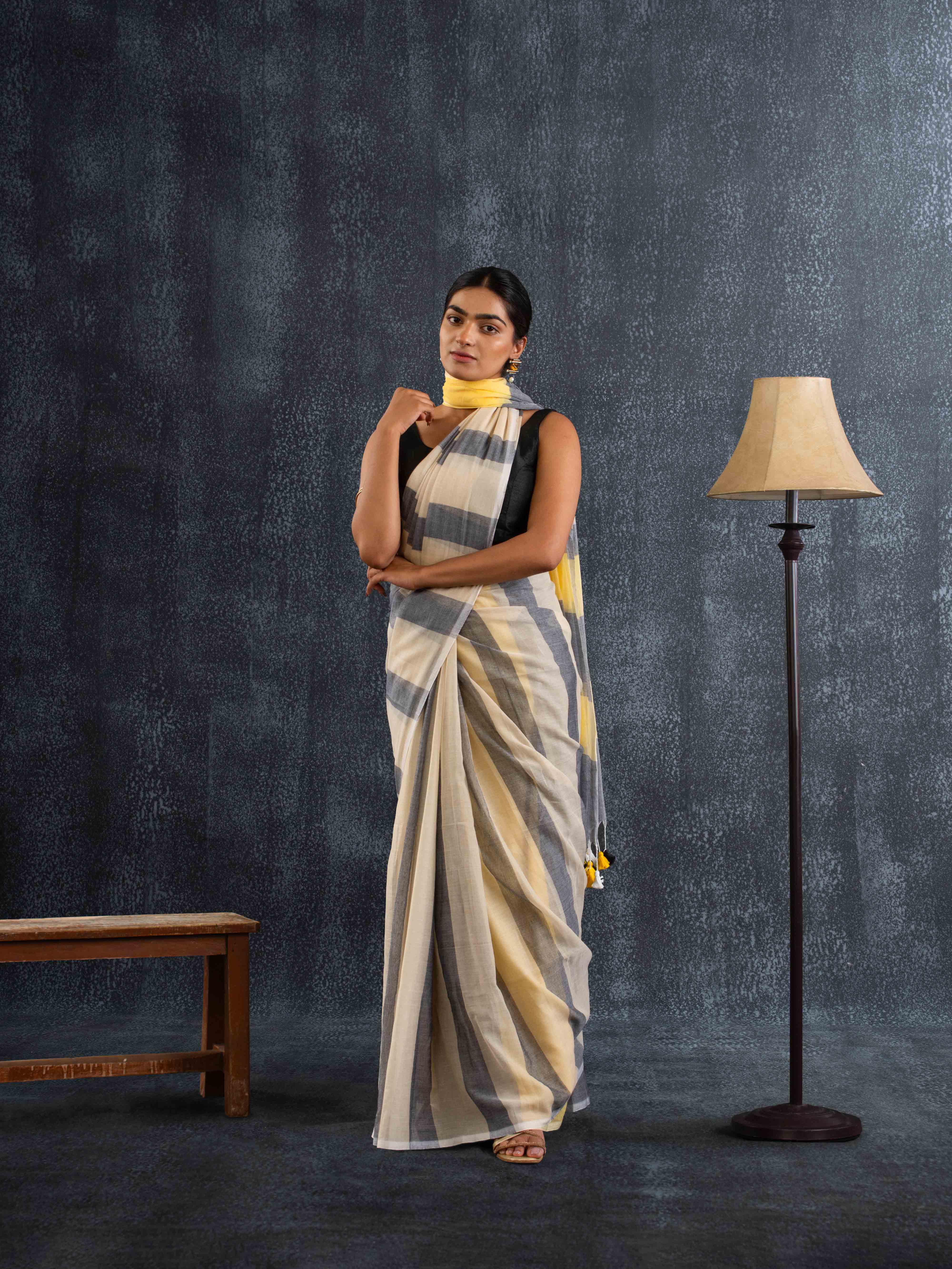 Breezy Mul Cotton Saree in Yellow & Grey Stripes